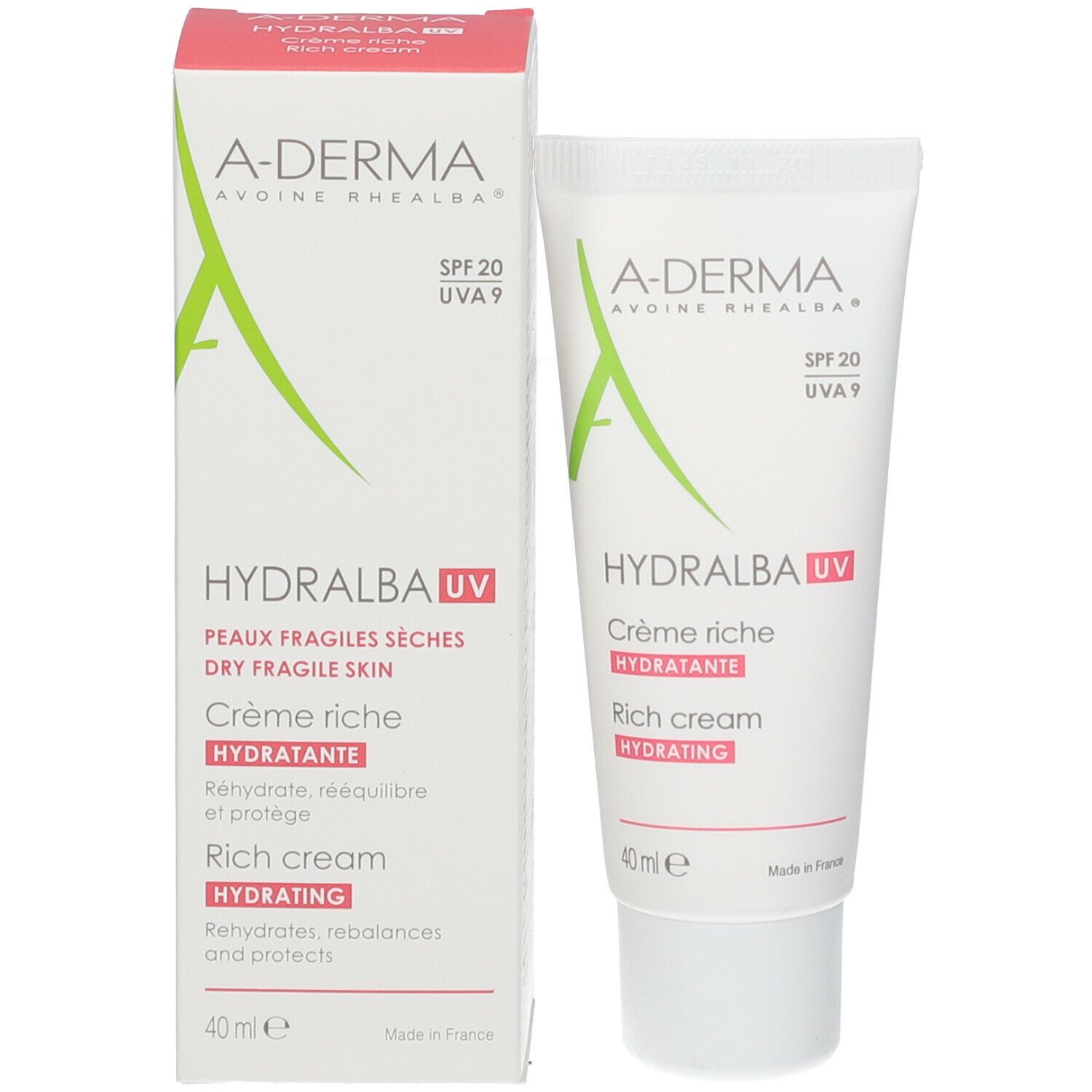 A-DERMA HYDRALBA UV, tubo e confezione. Pelli fragili secche. Crema ricca idratante. SPF 20.