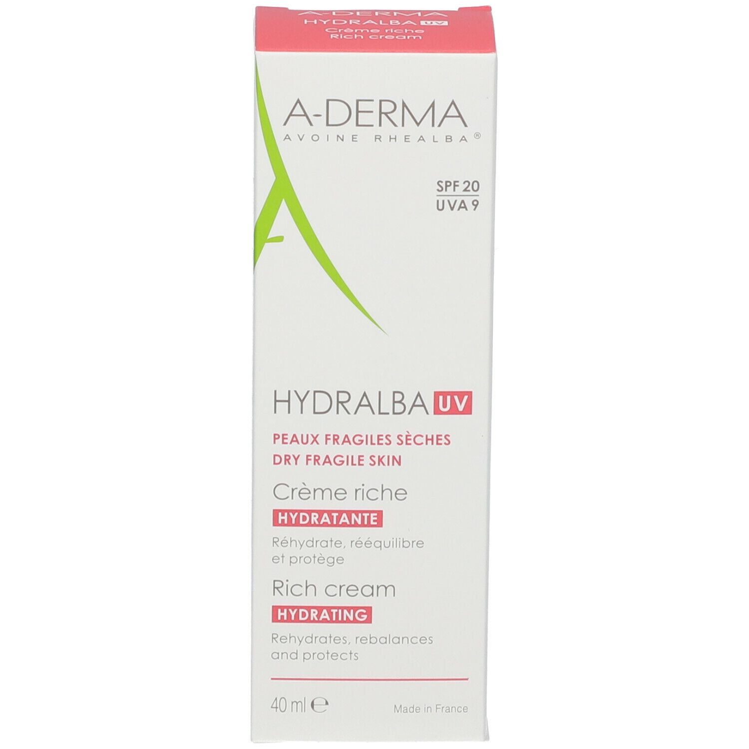 Scatola A-DERMA HYDRALBA UV. Pelli fragili secche. Crema ricca idratante. SPF 20, UVA 9.