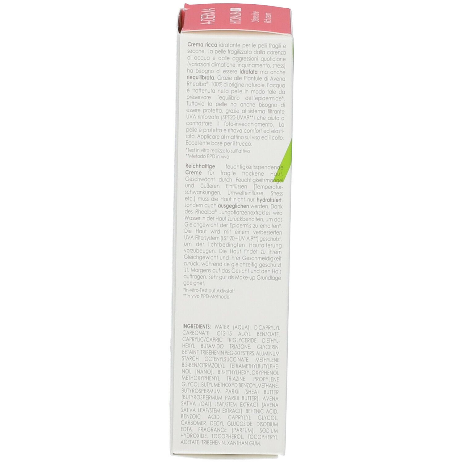 Retro della confezione A-DERMA HYDRALBA UV. Ingredienti, istruzioni e informazioni del produttore.