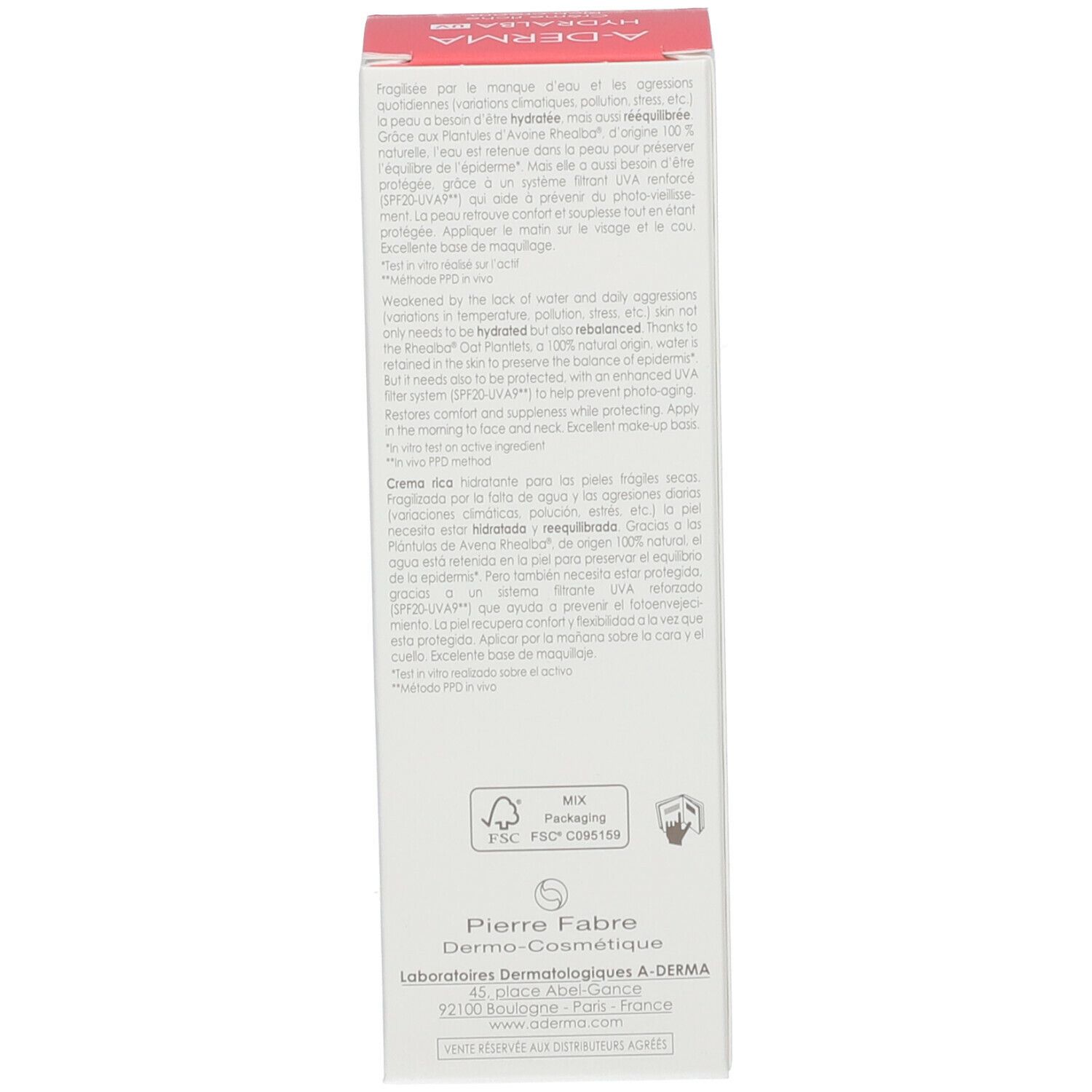 Lato della confezione A-DERMA HYDRALBA UV. Descrizione del prodotto e informazioni del produttore.