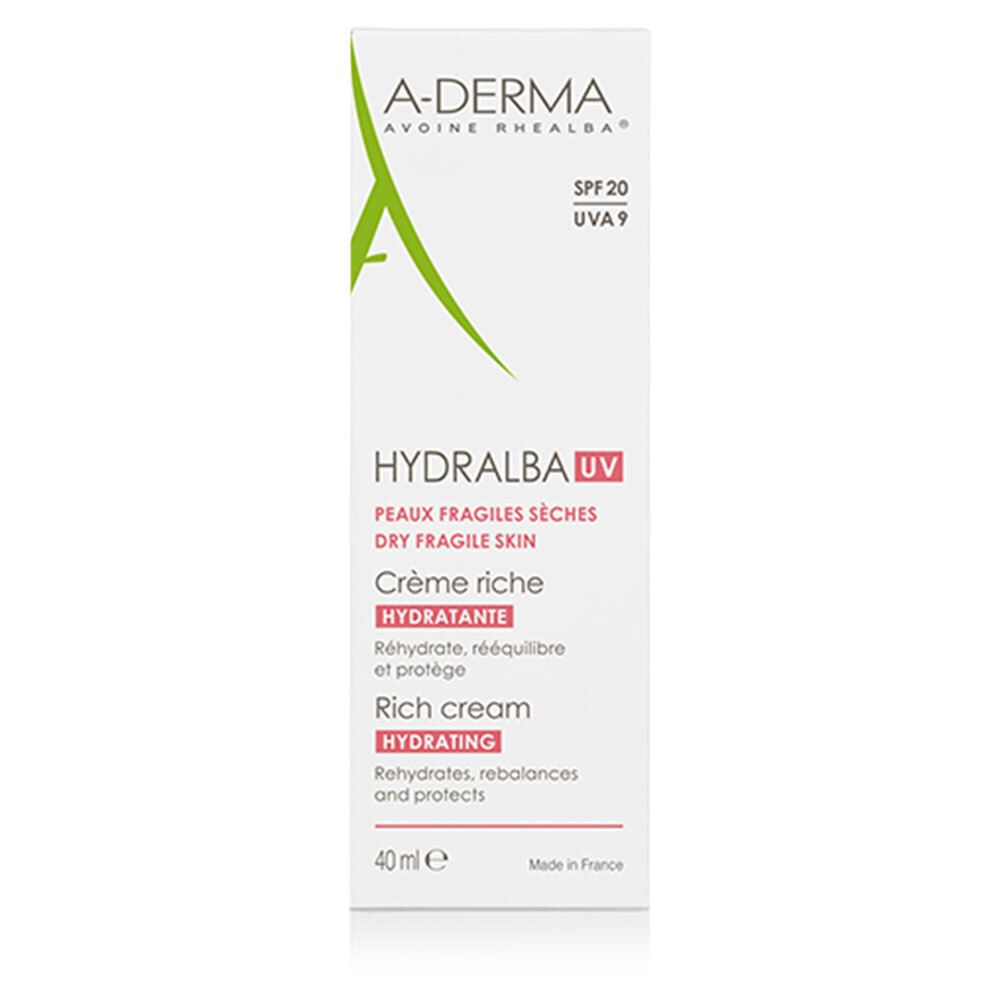 Tubo A-DERMA HYDRALBA UV, pelli fragili secche. Crema ricca idratante. SPF 20, UVA 9. 40 ml.