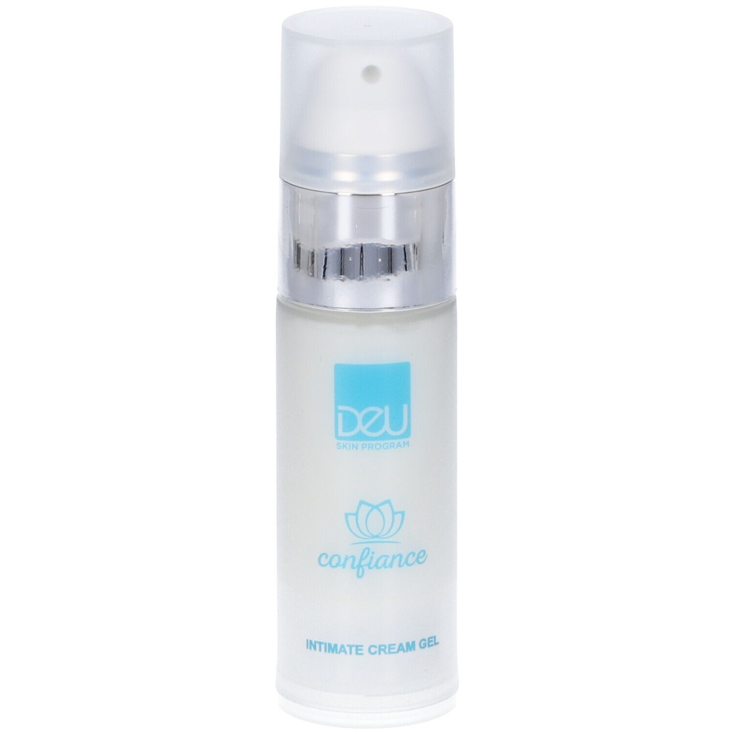 Flacone di crema gel bianco, anello argentato e tappo trasparente. Scritta: Confiance Intimate Cream Gel.
