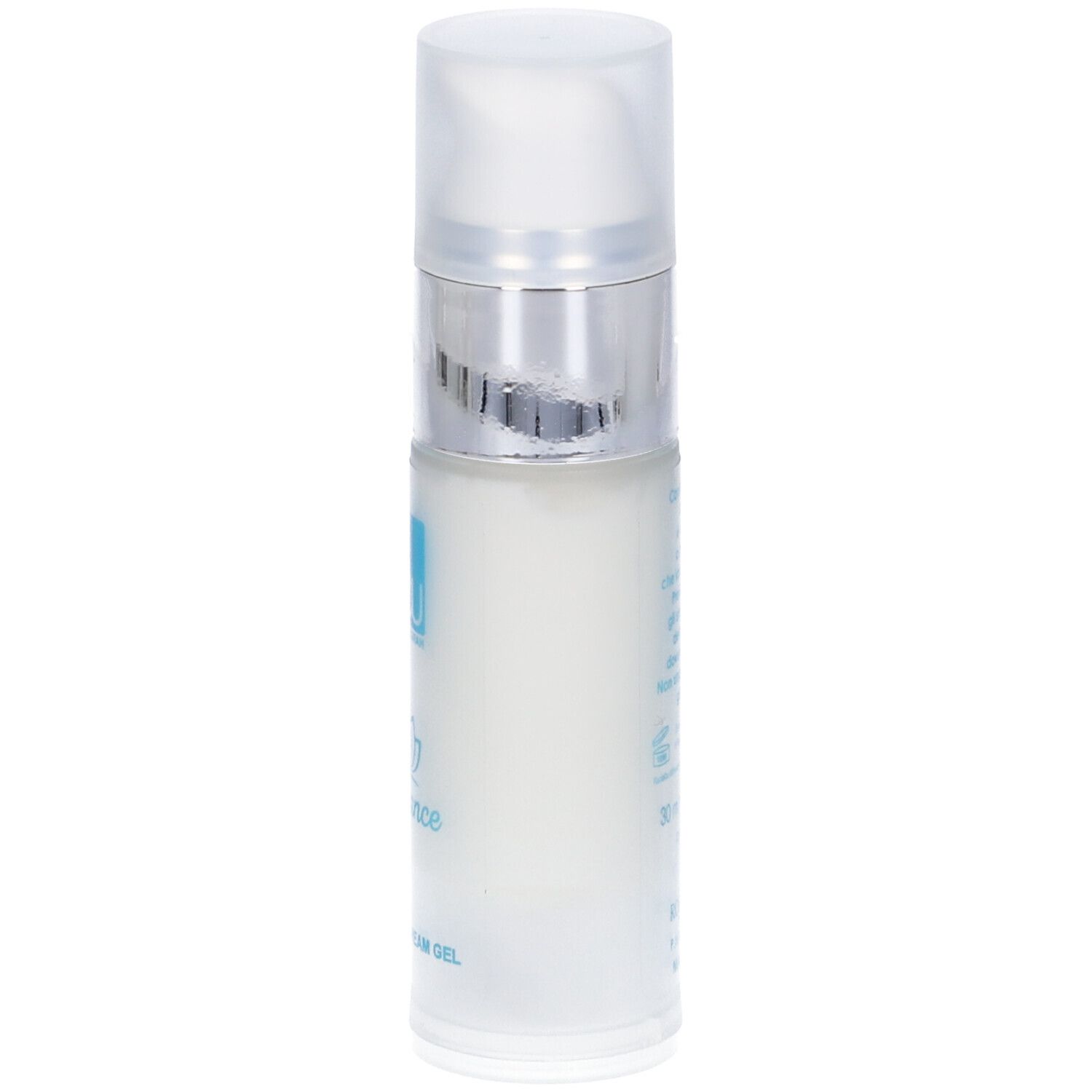 Flacone di crema gel, vista laterale. Corpo bianco, anello argentato, tappo trasparente. Testo e logo.