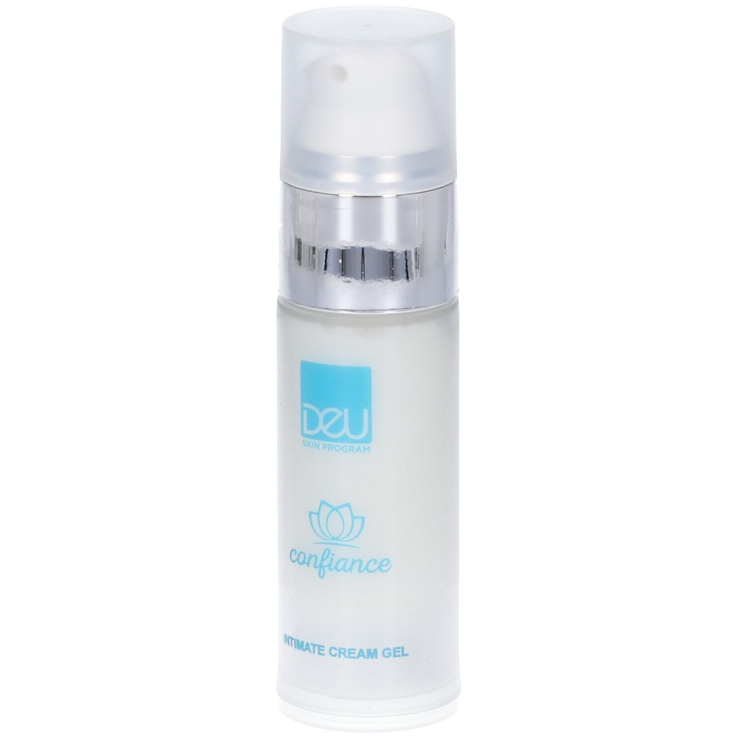 Flacone di crema gel bianco, anello argentato e tappo trasparente. Scritta: Confiance Intimate Cream Gel.