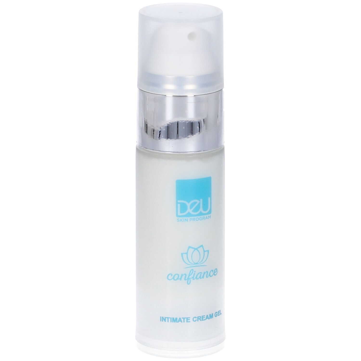 Flacone di crema gel bianco, anello argentato e tappo trasparente. Scritta: Confiance Intimate Cream Gel.