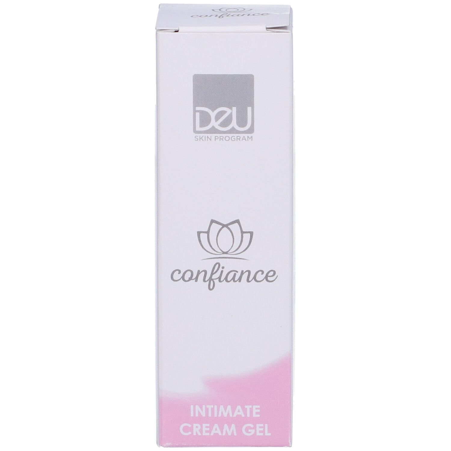 Confezione prodotto bianca con accenti rosa. Scritta: Confiance Intimate Cream Gel. Logo e testo.