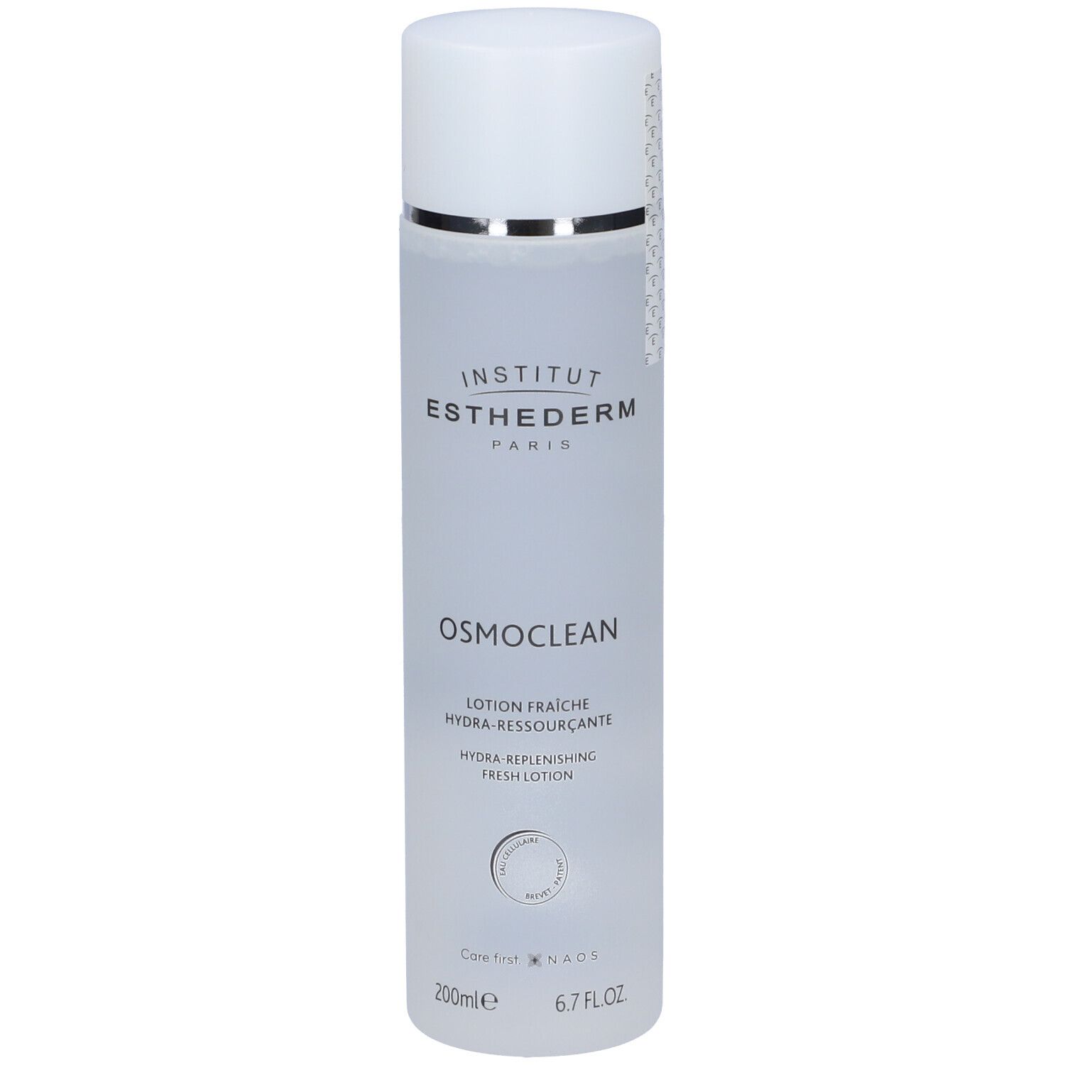 Flacone cilindrico bianco. Scritte: Institut Esthederm Paris, Osmoclean, Lotion Fraiche, Hydra-Ressourçante. 200ml.