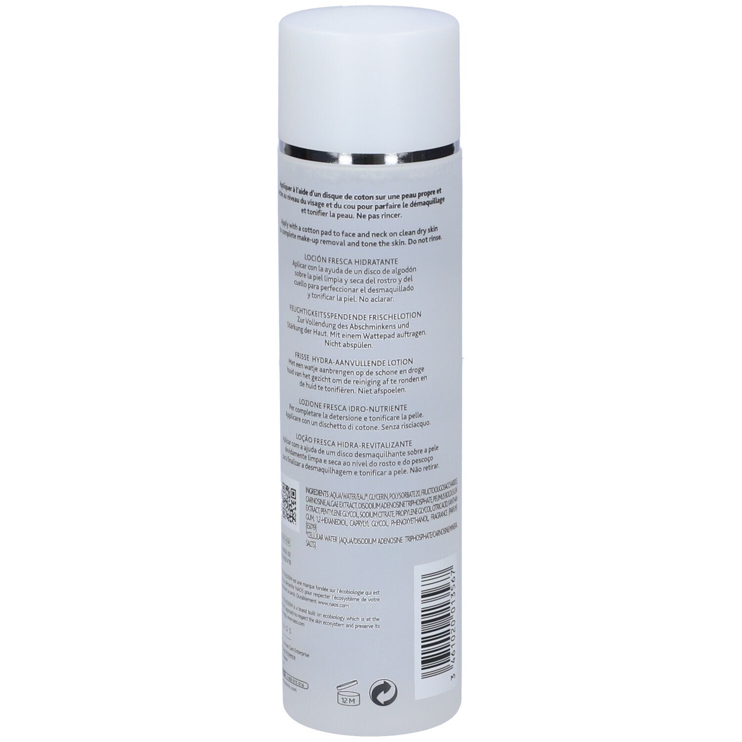 Flacone cilindrico, tappo bianco. Testo multilingue. Anello argentato sul collo. 200ml.
