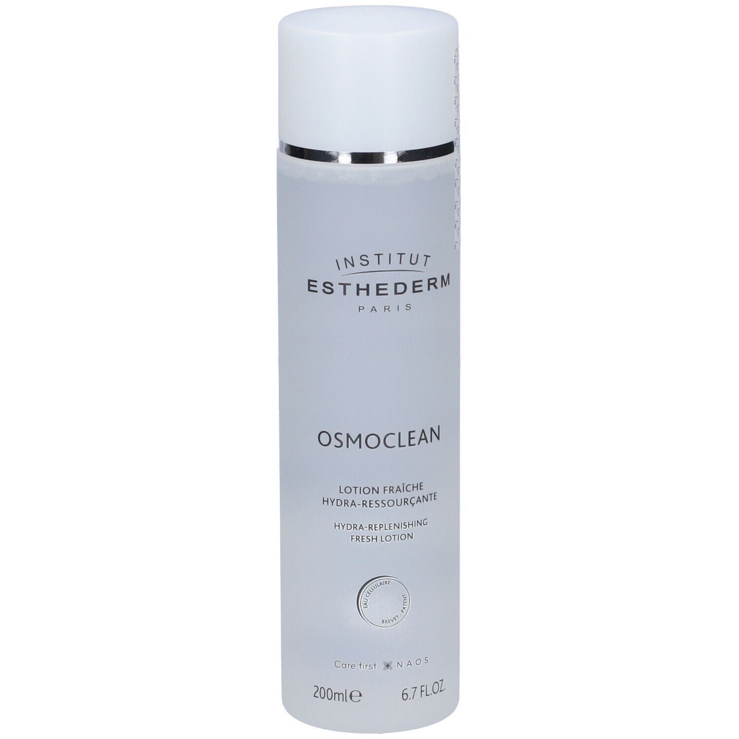 Flacone cilindrico bianco. Scritte: Institut Esthederm Paris, Osmoclean, Lotion Fraiche, Hydra-Ressourçante. 200ml.