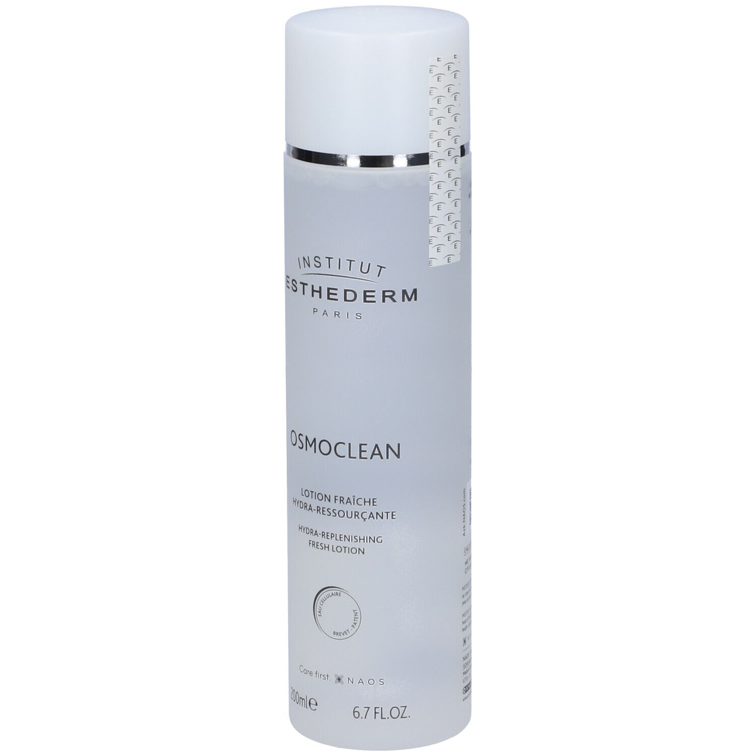 Flacone cilindrico bianco. Scritte: Institut Esthederm Paris, Osmoclean, Lotion Fraiche, Hydra-Ressourçante. 200ml.