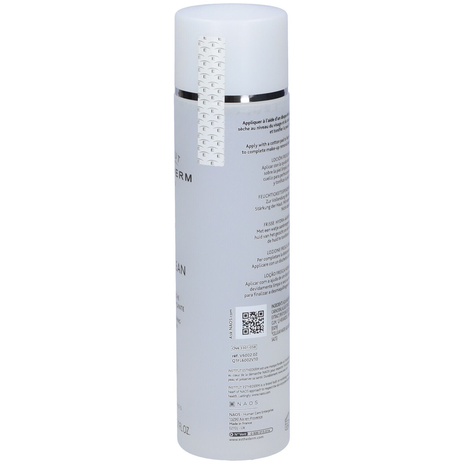Flacone cilindrico, tappo bianco. Scritta: Institut Esthederm. Testo multilingue. Codice QR. 200ml.