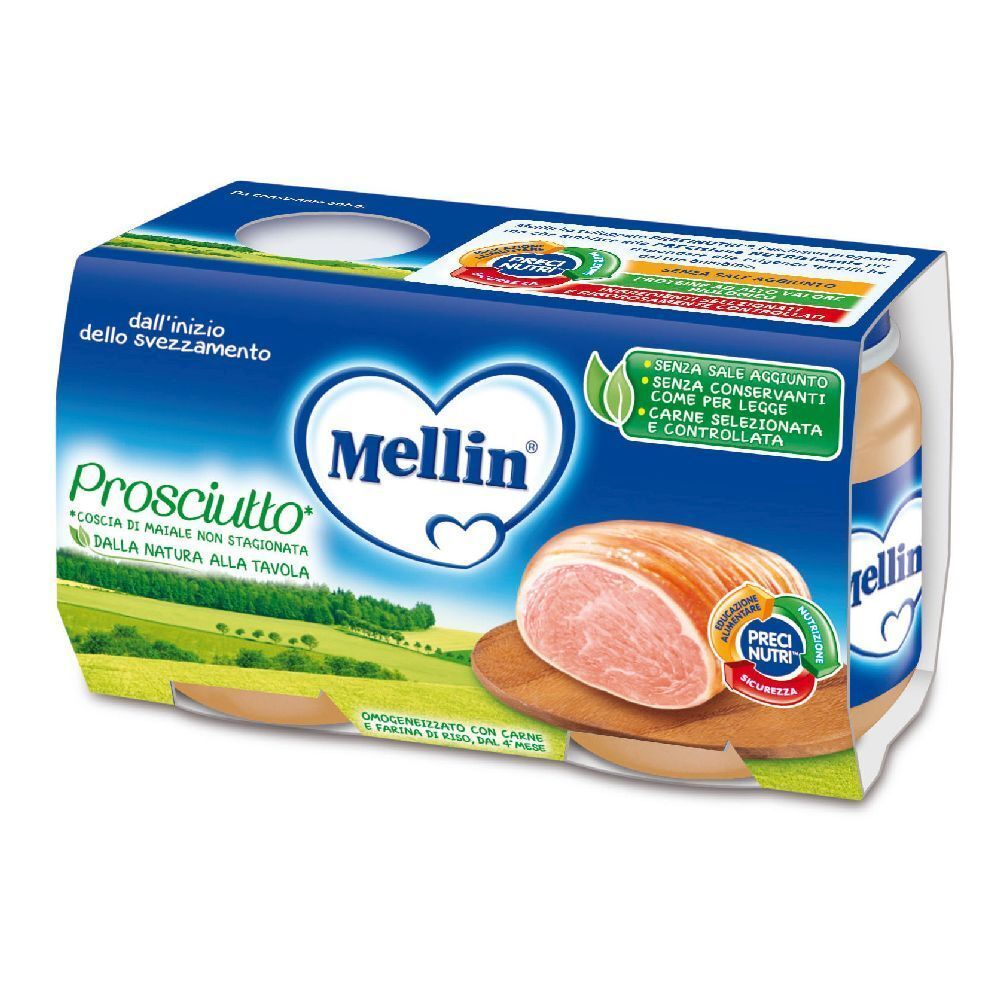 Mellin Omogenizzato Prosciutto. Confezione da 4 vasetti. Fetta di prosciutto su tagliere. Confezione blu e verde.