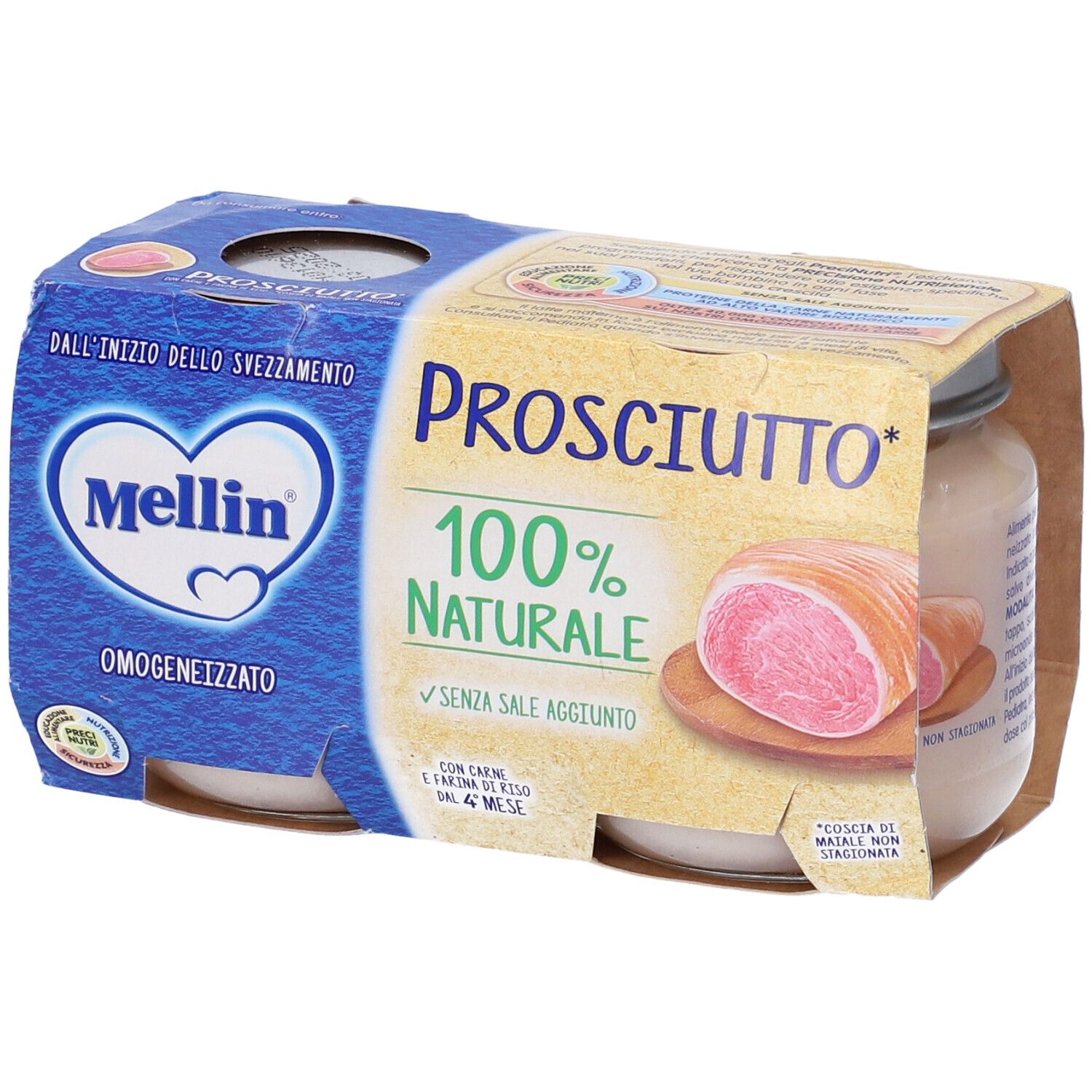 Mellin Omogenizzato Prosciutto. Confezione da 2 vasetti. Fetta di prosciutto su tagliere. Confezione con testo.