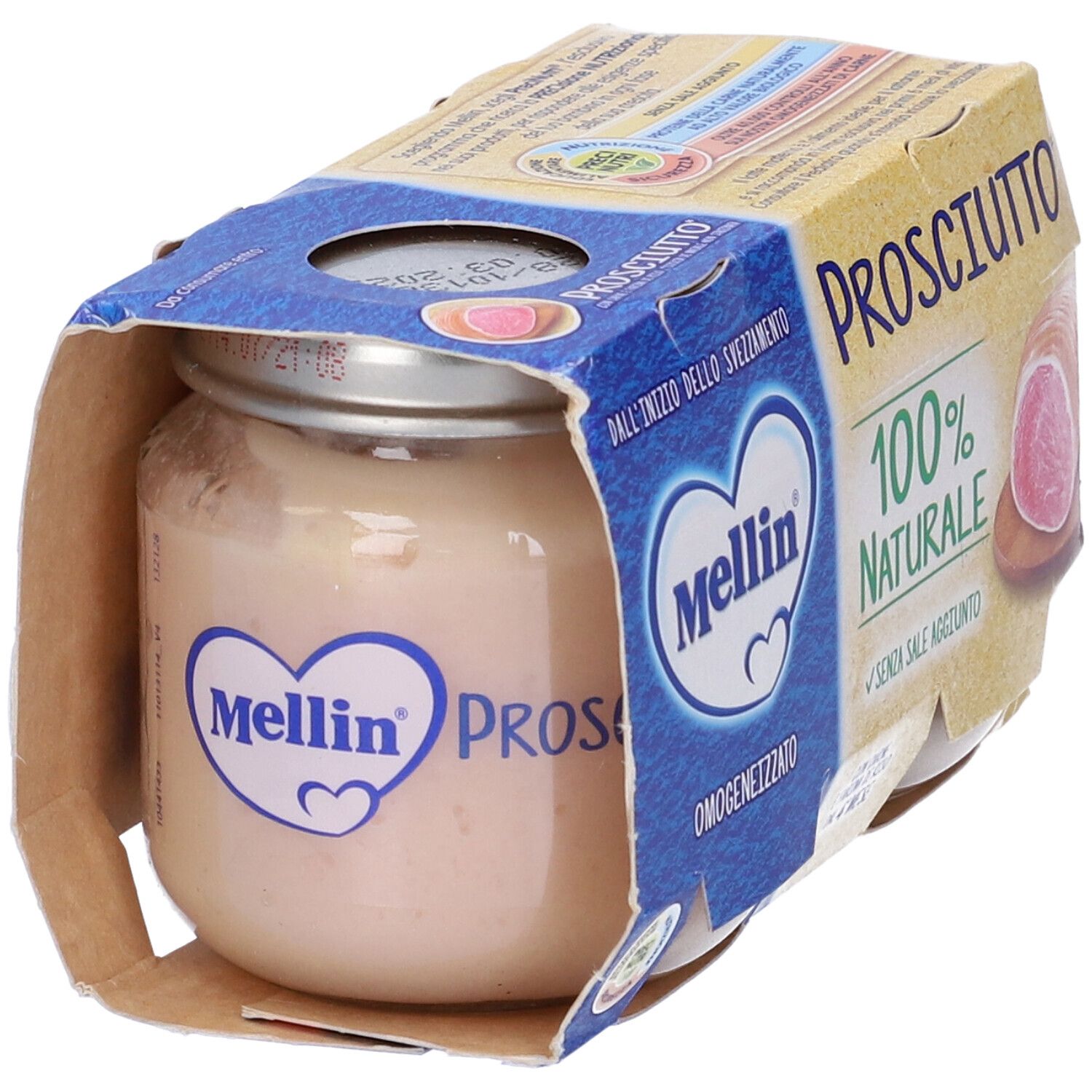 Mellin Omogenizzato Prosciutto. Vasetto con contenuto. Confezione con testo e valori nutrizionali. Coperchio a vite.
