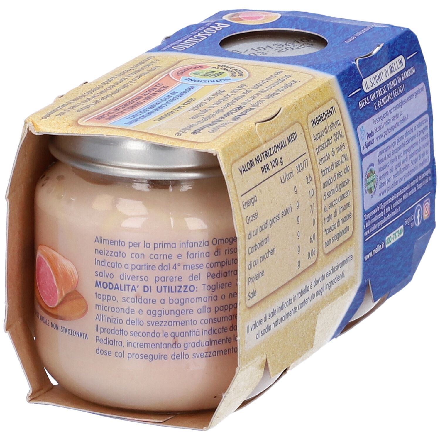 Mellin Omogenizzato Prosciutto. Vasetto con contenuto. Confezione con testo e valori nutrizionali. Vista dall'alto.