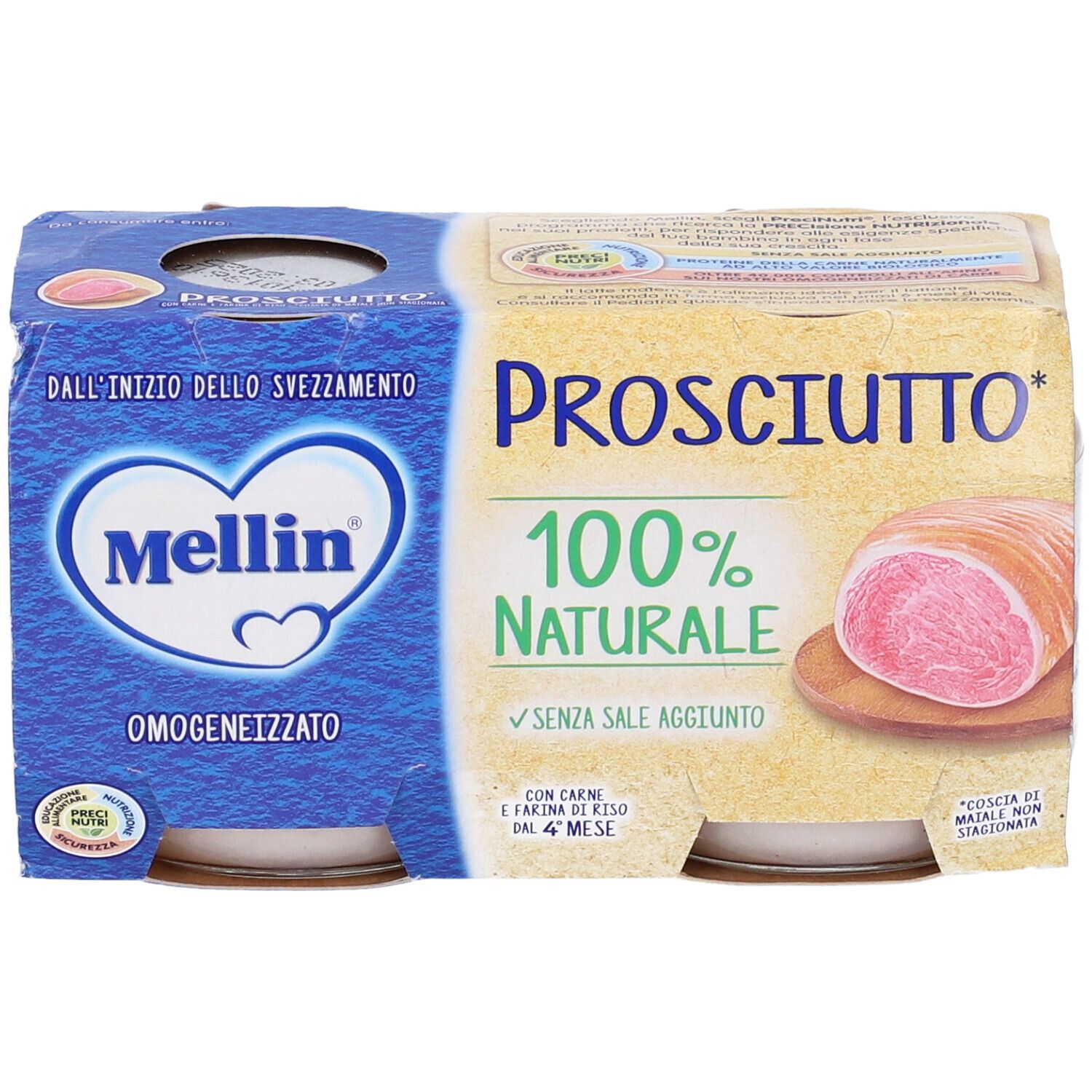 Mellin Omogenizzato Prosciutto. Confezione da 2 vasetti. Fetta di prosciutto su tagliere. Confezione con testo.