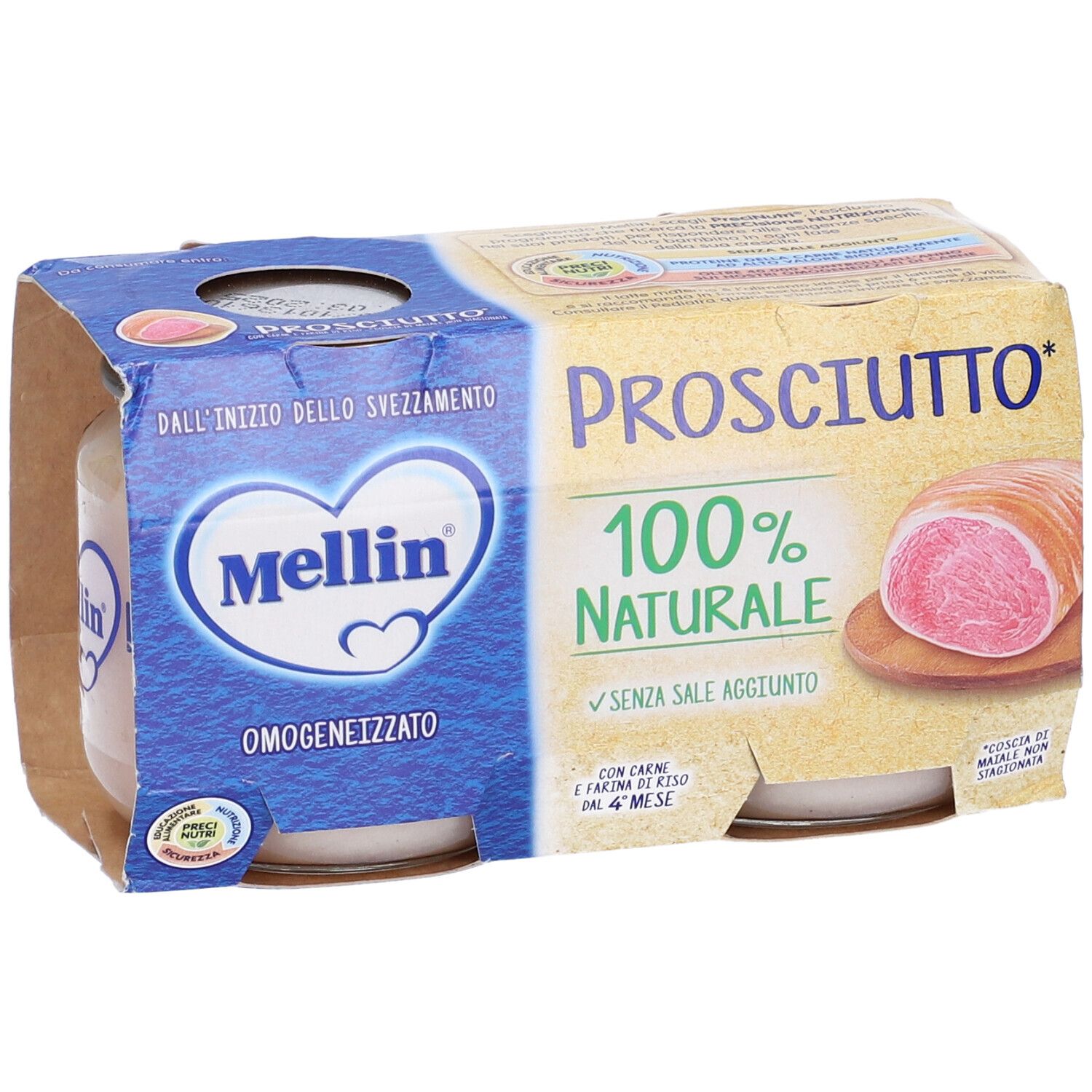 Mellin Omogenizzato Prosciutto. Confezione da 2 vasetti. Confezione con testo. Vista laterale.
