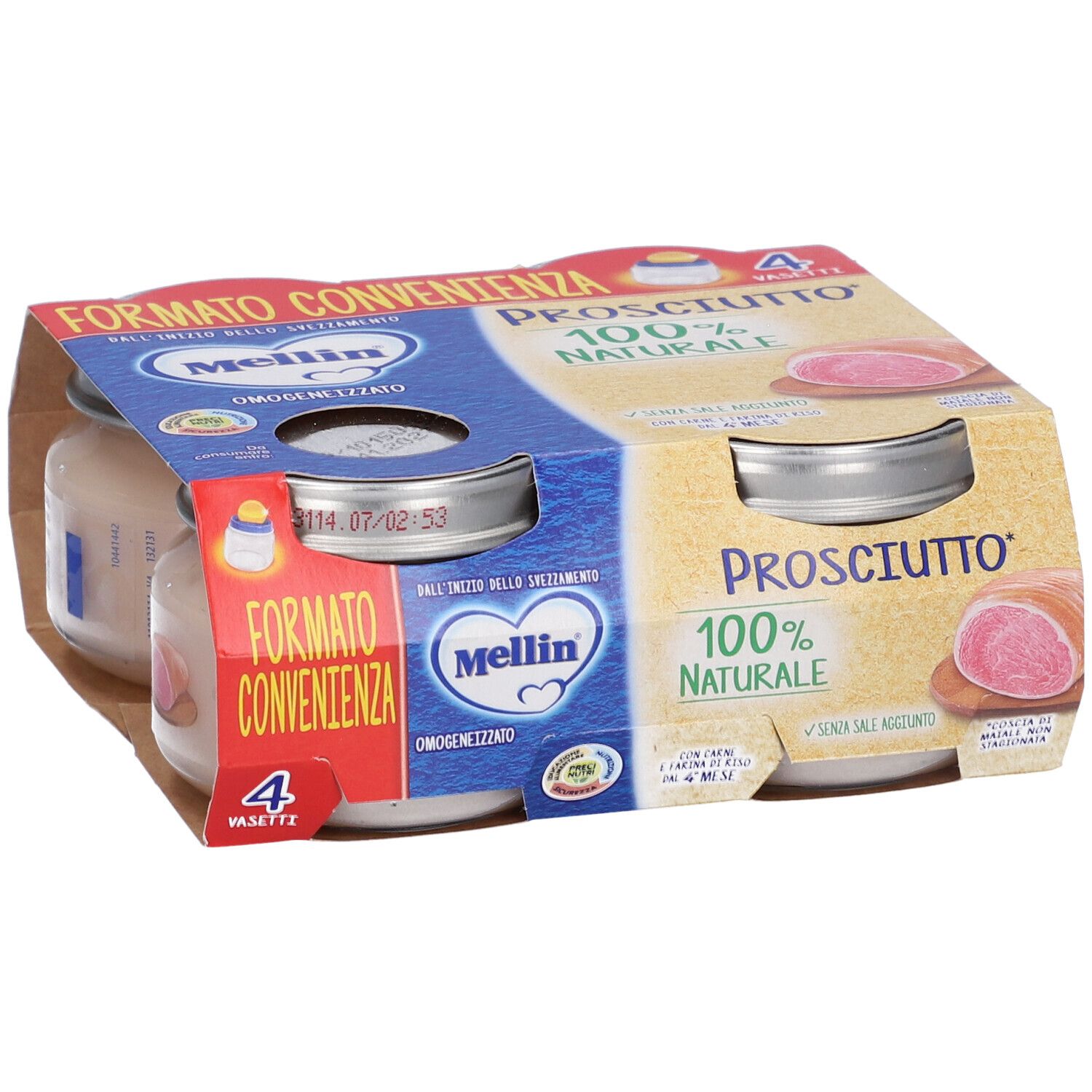 Packung mit vier Gläsern Mellin Prosciutto. Zwei Gläser sichtbar. Blaue und gelbe Verpackung. Aufschrift: Mellin, Prosciutto, 100% natürlich.