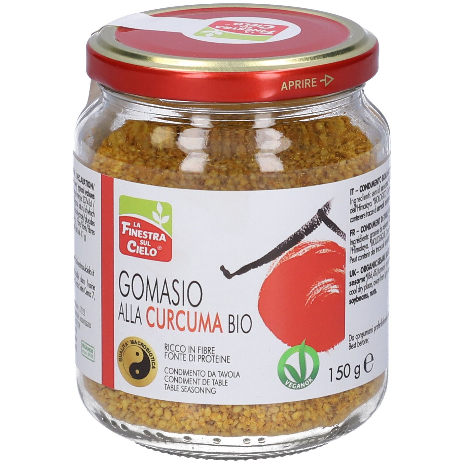 Vaso di Gomasio Alla Curcuma Bio. Coperchio rosso, etichetta bianca con informazioni e logo.