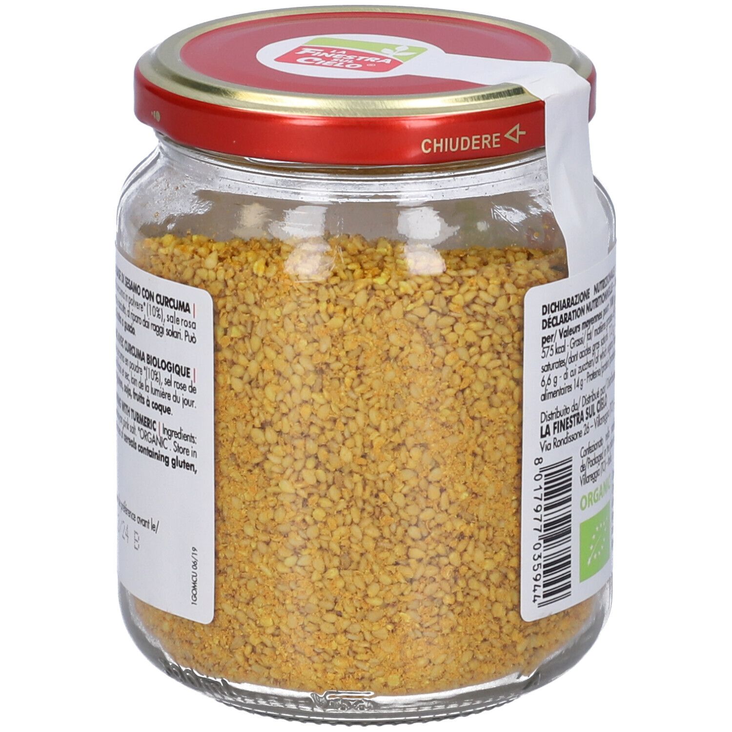 Vaso di Gomasio Alla Curcuma Bio. Retro con informazioni nutrizionali. Coperchio rosso.