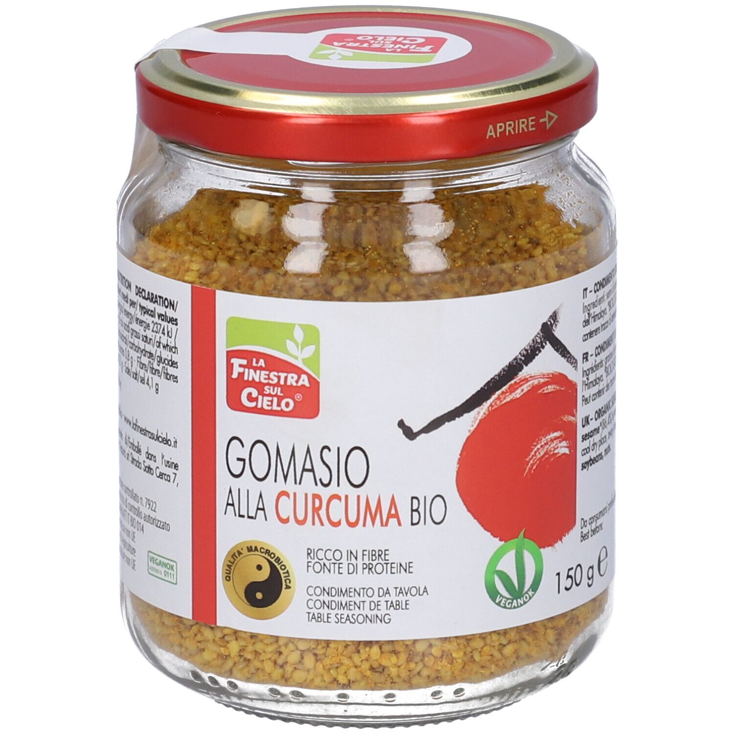Vaso di Gomasio Alla Curcuma Bio. Coperchio rosso, etichetta bianca con informazioni e logo.