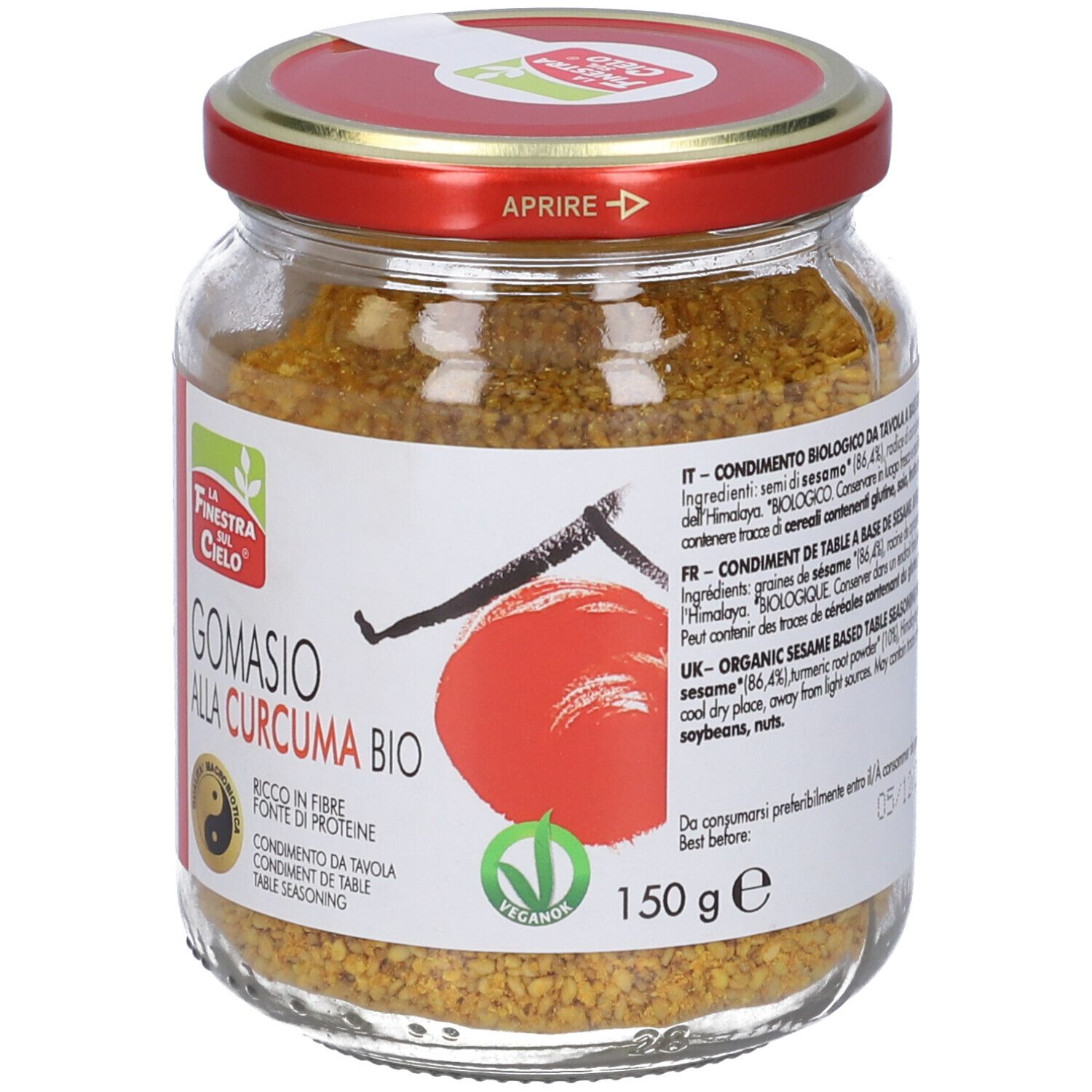 Vaso di Gomasio Alla Curcuma Bio. Coperchio rosso, etichetta bianca con informazioni e logo.