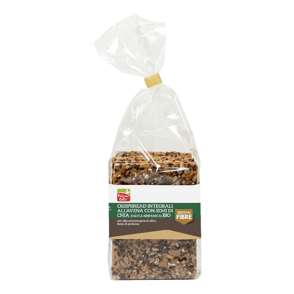Confezione di pane croccante. Film trasparente, chiusura gialla. Scritta: Crispbread Integrali All'Avena E Semi Di Chia Bio.