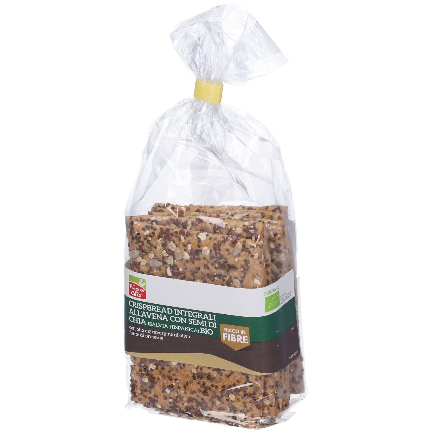 Confezione di pane croccante. Film trasparente, chiusura gialla. Scritta: Crispbread Integrali All'Avena E Semi Di Chia Bio.