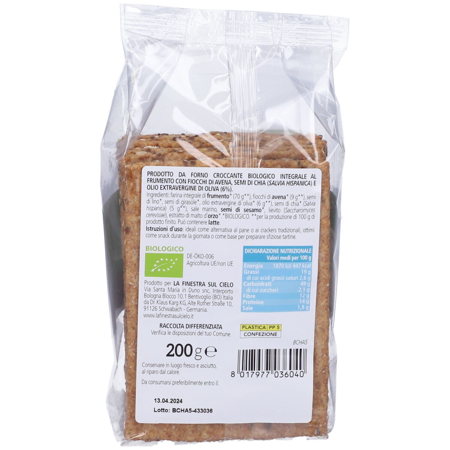 Retro della confezione di pane croccante. Informazioni su ingredienti, valori nutrizionali e certificazione biologica.
