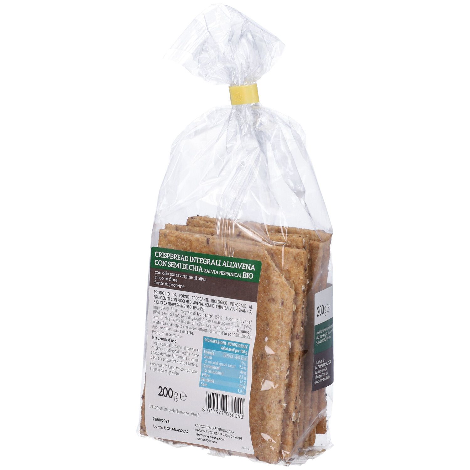 Confezione di pane croccante. Retro visibile. Scritta: 200g, certificazione bio, informazioni nutrizionali.