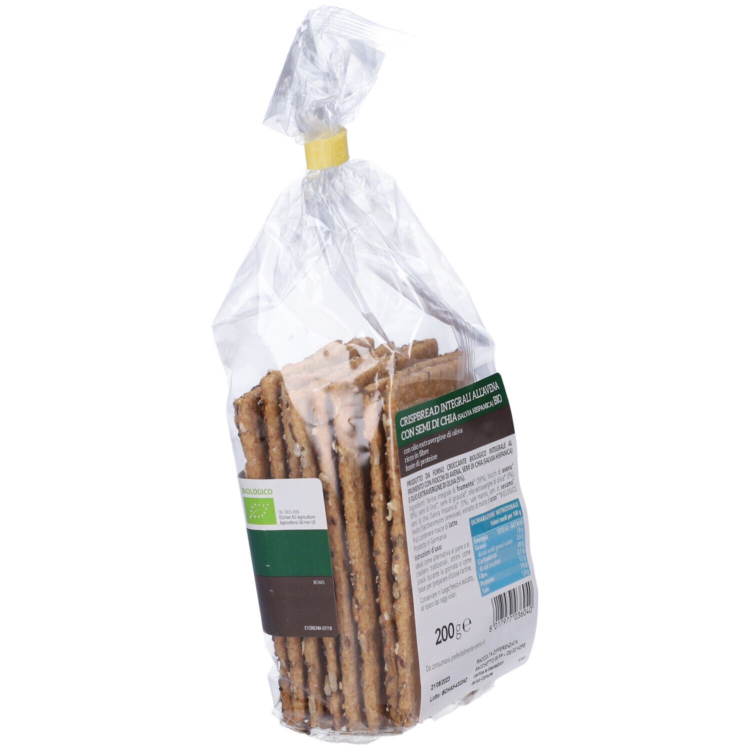 Confezione di pane croccante. Retro visibile. Scritta: 200g, certificazione bio, informazioni nutrizionali.