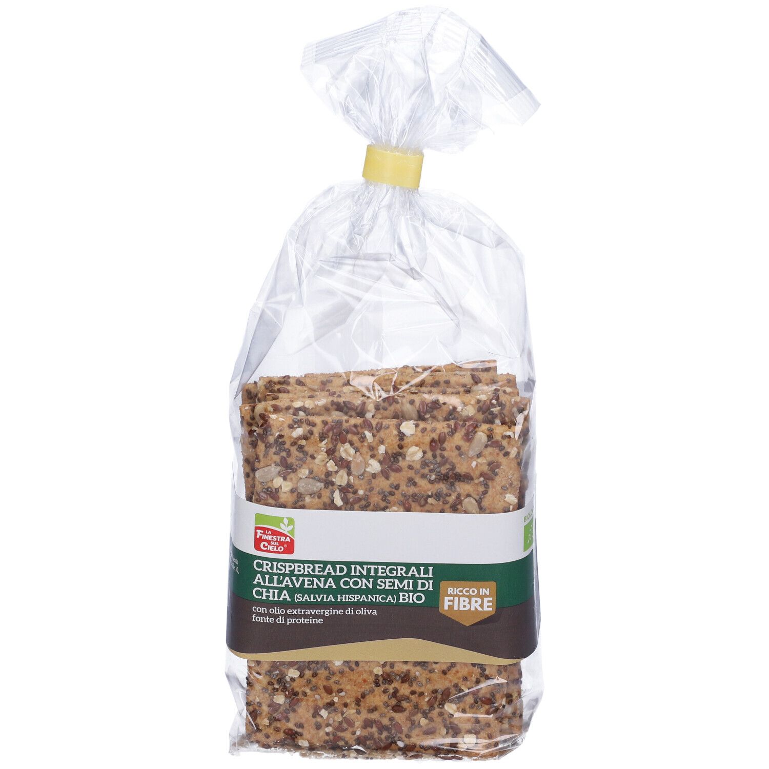 Confezione di pane croccante. Film trasparente, chiusura gialla. Scritta: Crispbread Integrali All'Avena E Semi Di Chia Bio.