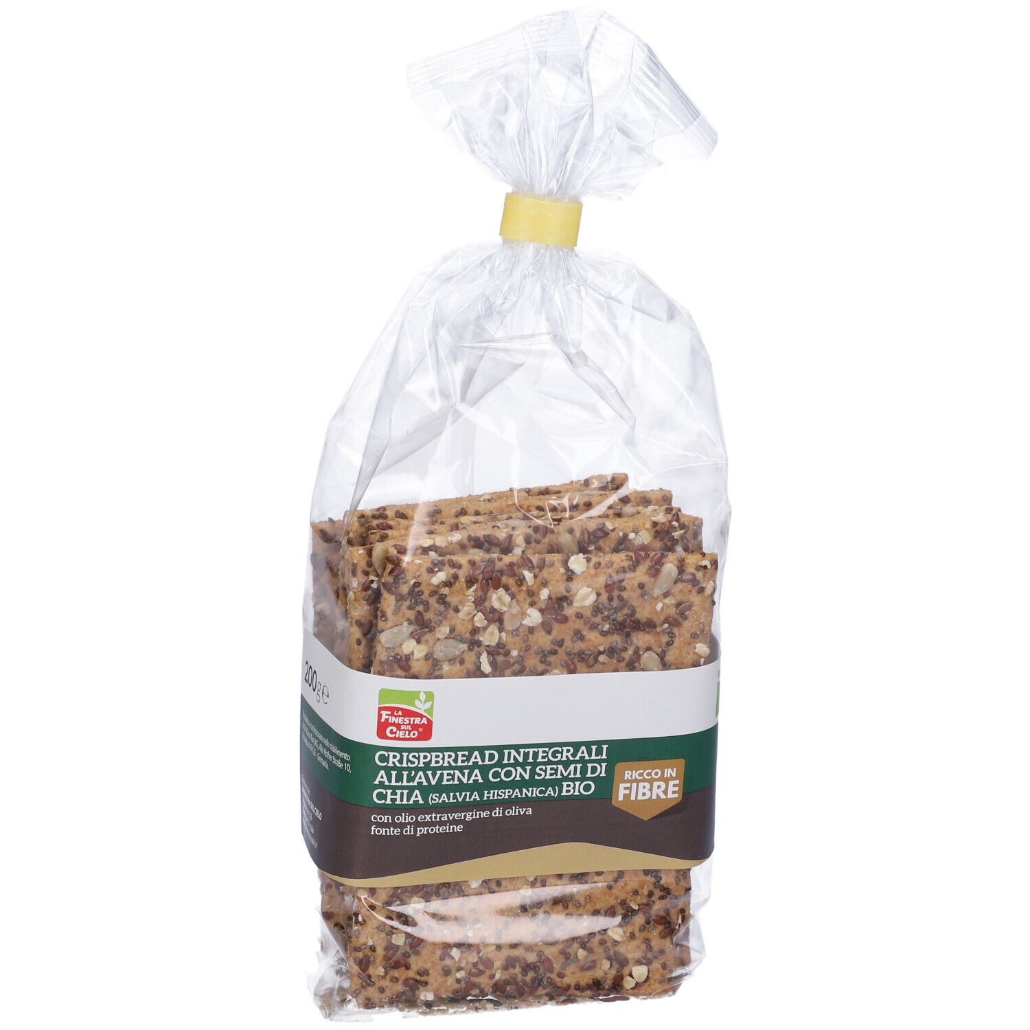 Confezione di pane croccante. Film trasparente, chiusura gialla. Scritta: Crispbread Integrali All'Avena E Semi Di Chia Bio.