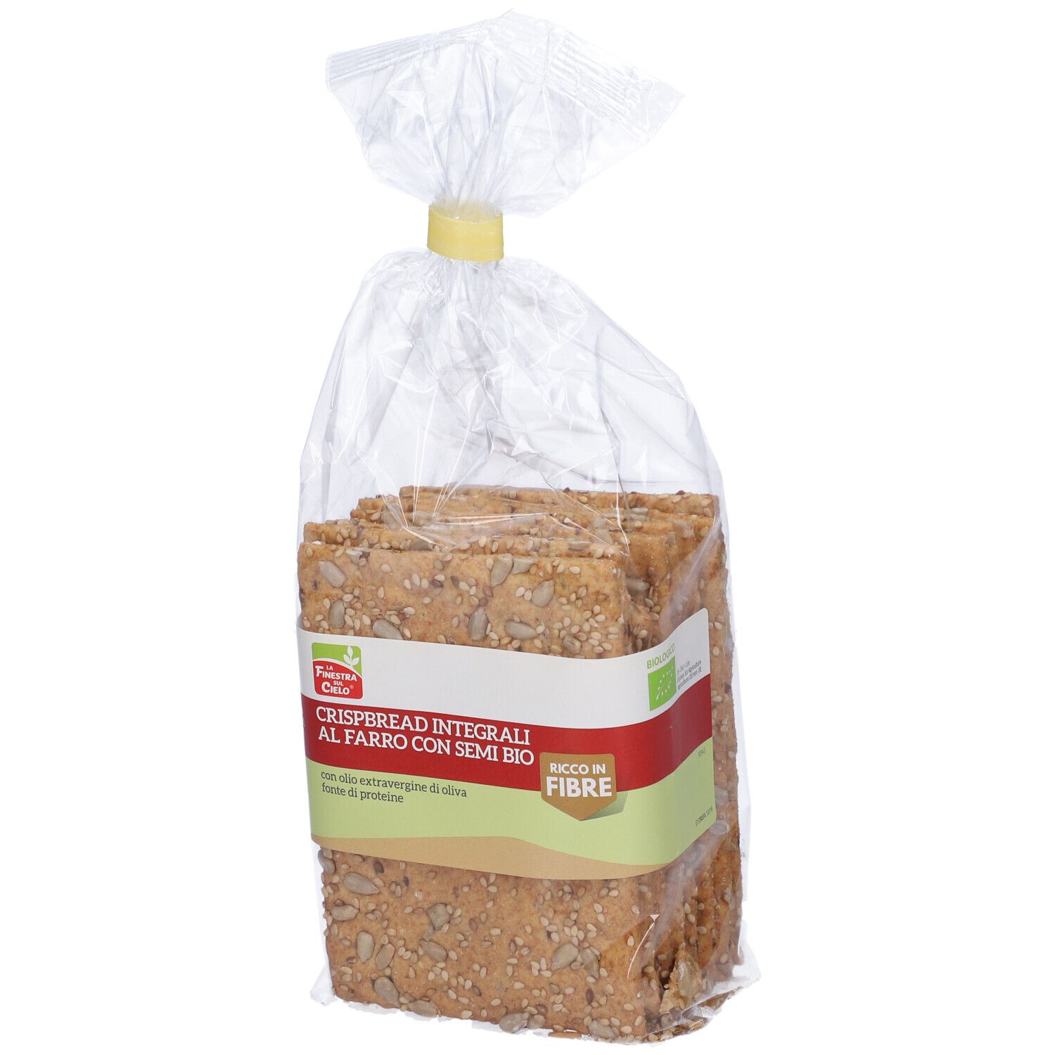 Confezione di pane croccante 'Crispbread Integrali al Farro con Semi Bio'. Imballaggio trasparente.