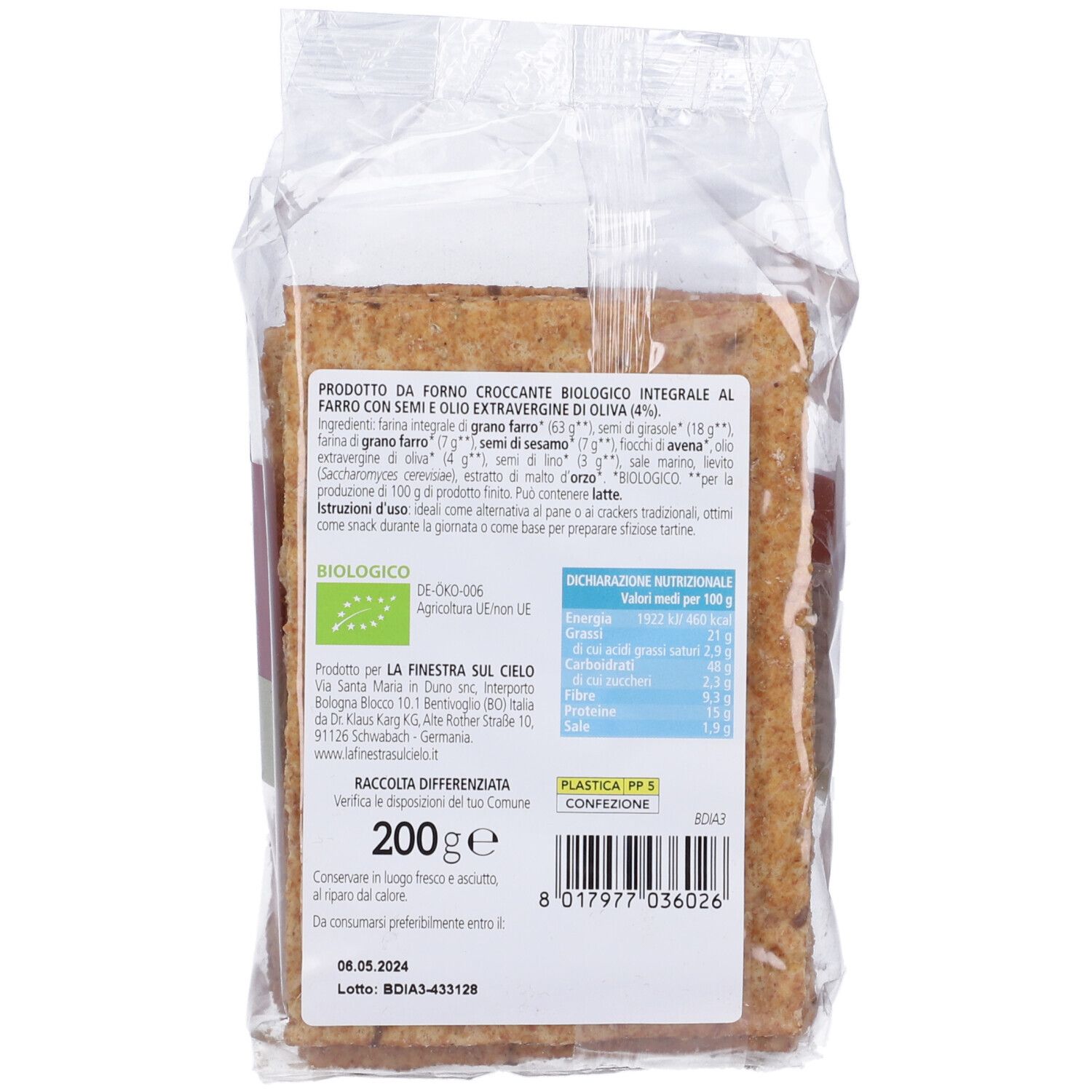 Retro della confezione di pane croccante. Contiene informazioni sugli ingredienti, i valori nutrizionali e la certificazione biologica.