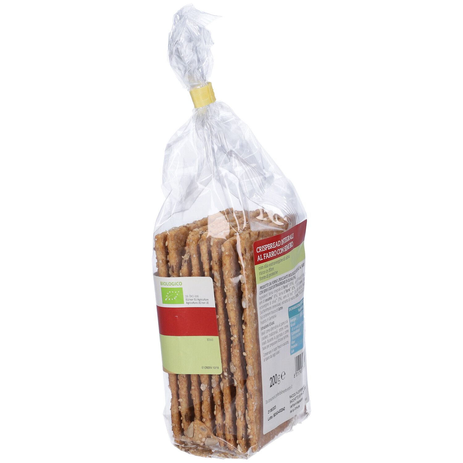 Confezione di pane croccante, leggermente angolata. Visibile: marchio bio, testo e valori nutrizionali.