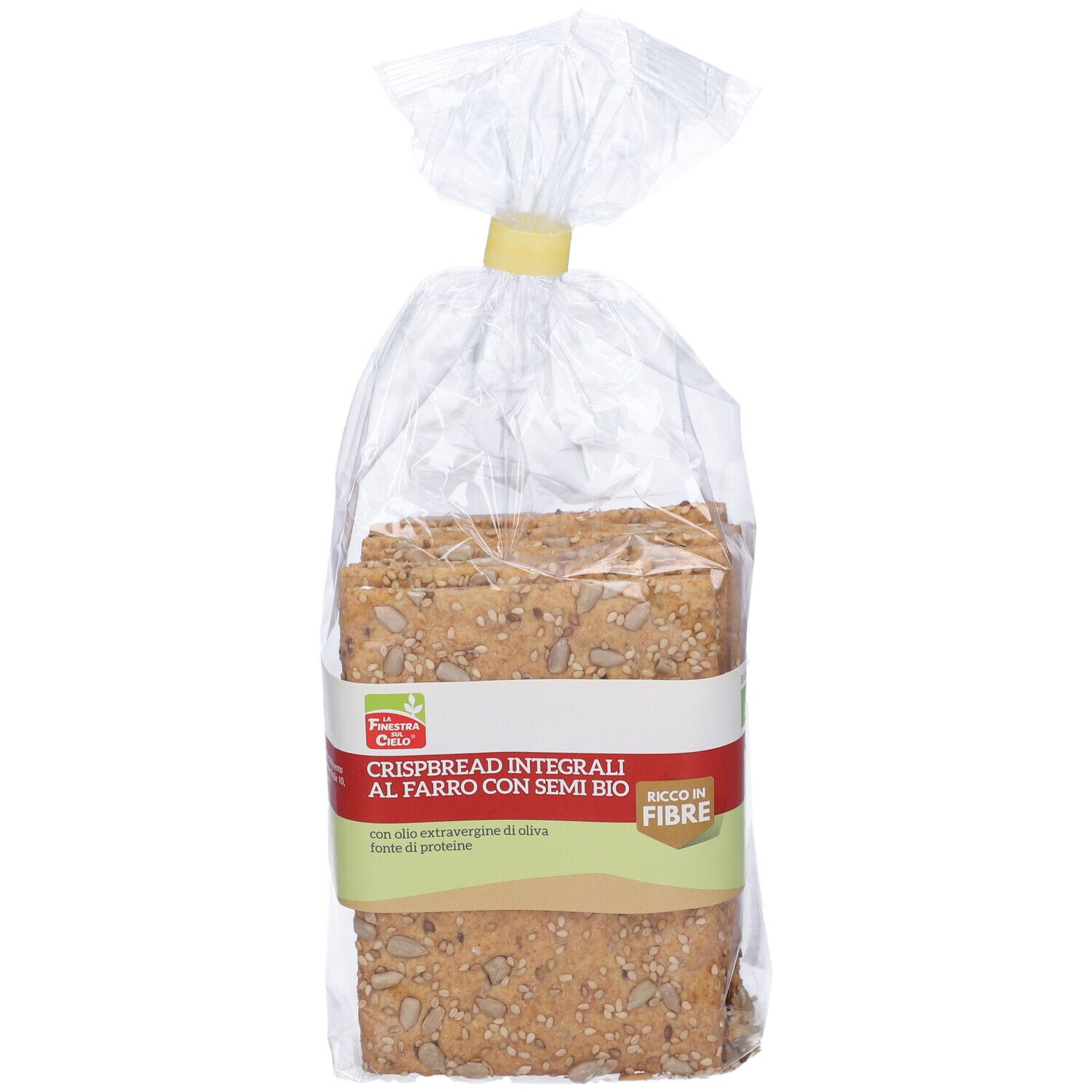 Confezione di pane croccante 'Crispbread Integrali al Farro con Semi Bio'. Imballaggio trasparente.