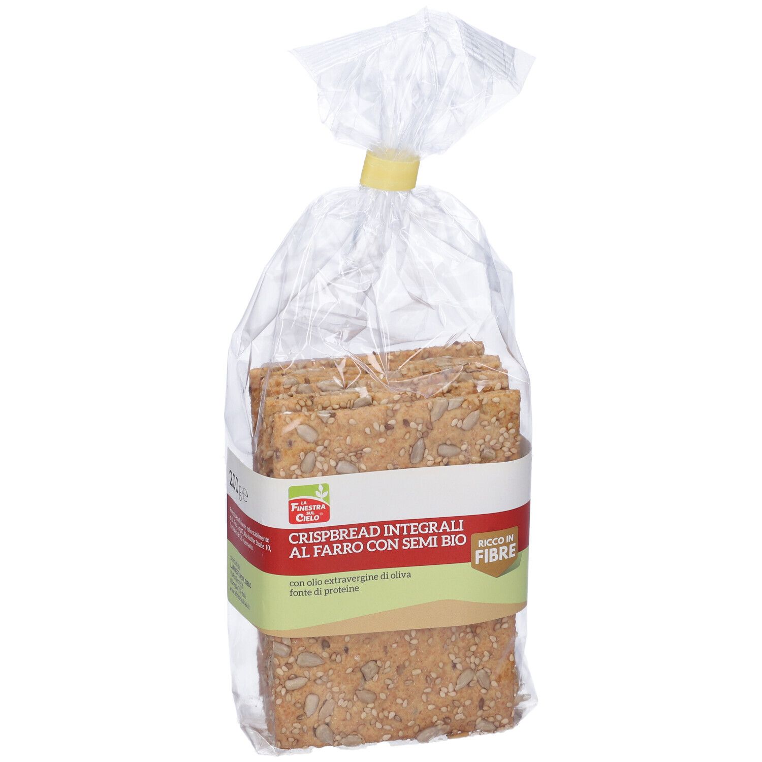 Confezione di pane croccante 'Crispbread Integrali al Farro con Semi Bio'. Imballaggio trasparente.