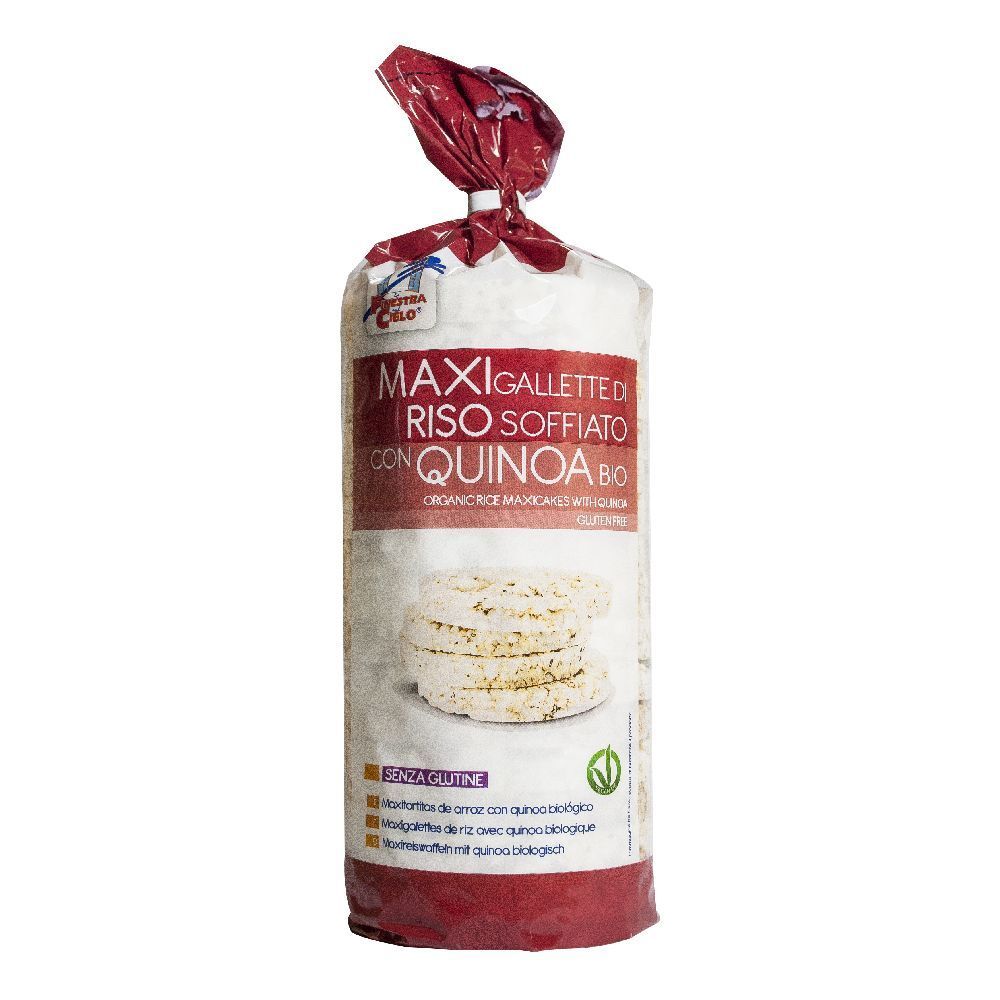 Confezione di gallette di riso soffiato con quinoa. Scritta: MAXI GALLETTE RISO SOFFIATO CON QUINOA BIO. Senza glutine.