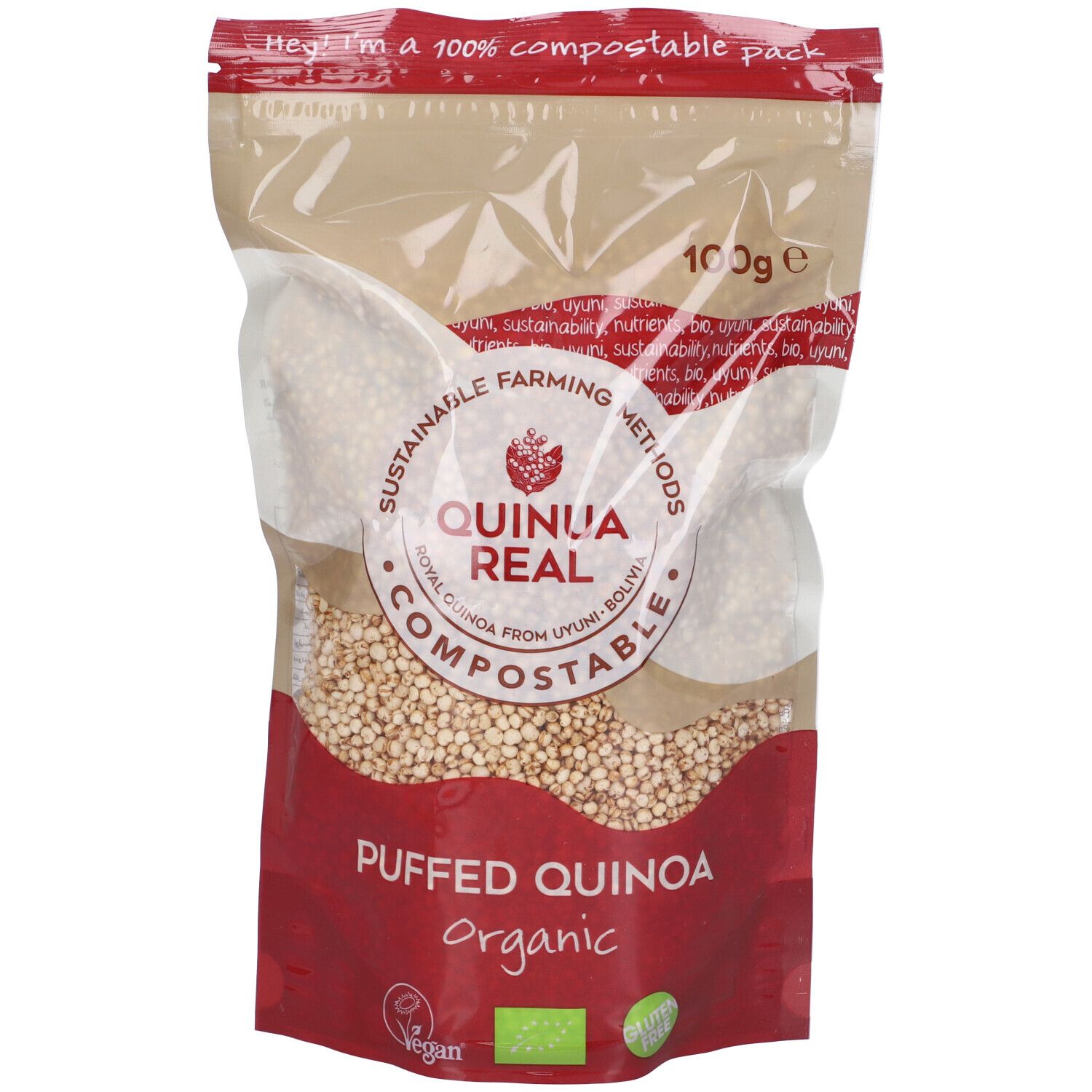 Confezione di quinoa soffiata biologica. Scritta: Quinua Real, Organic, 100g. Sigillo: Vegan.