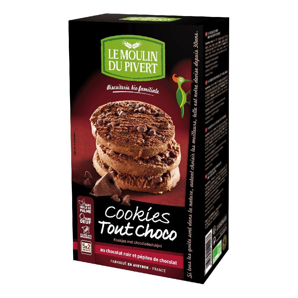 Confezione nera con biscotti. Scritta: Cookies Tout choco. Certificazione bio.