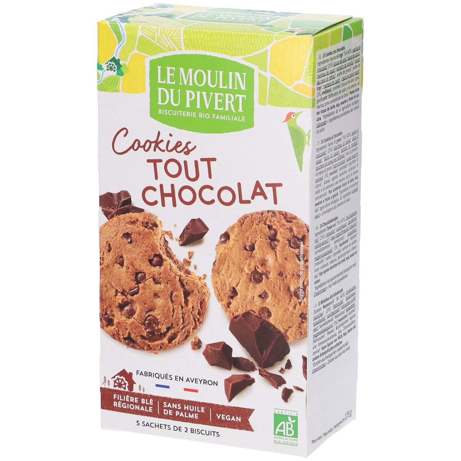 Scatola bianca con biscotti. Scritta: Cookies Tout chocolat. Certificazione bio.