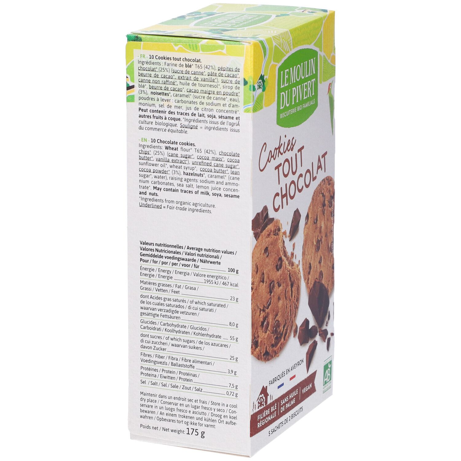 Retro della scatola di biscotti. Testo con valori nutrizionali e ingredienti. Bio.