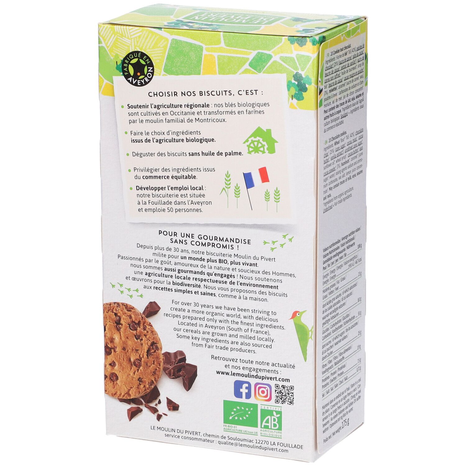Retro della scatola di biscotti. Testo sulla produzione e certificazione bio.