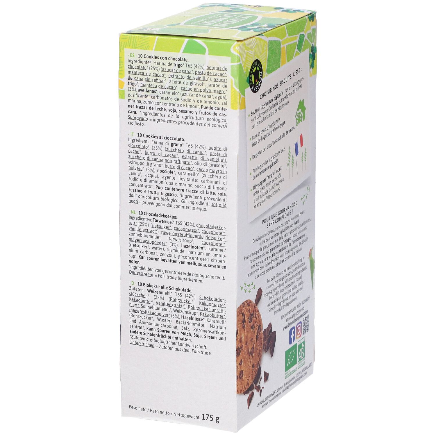 Retro della scatola di biscotti. Testo con valori nutrizionali e ingredienti. Bio.