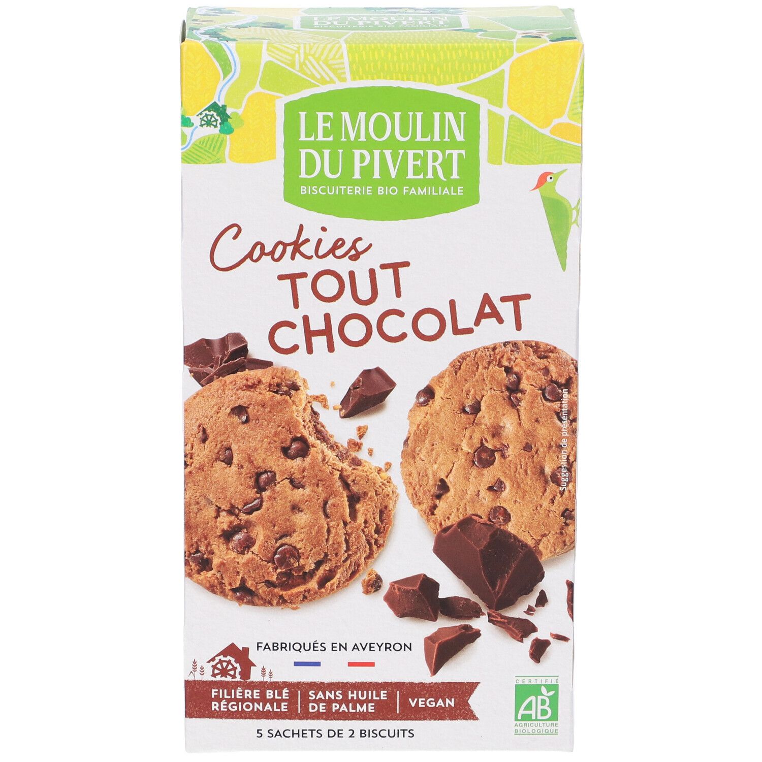 Scatola bianca con biscotti. Scritta: Cookies Tout chocolat. Certificazione bio.