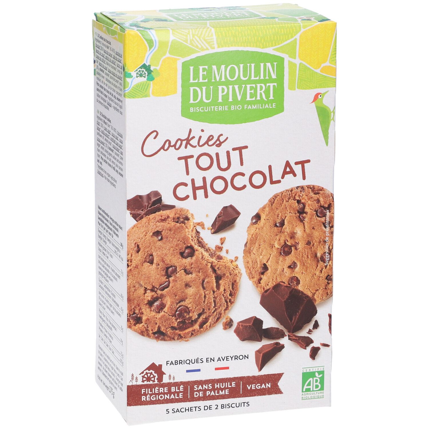 Scatola bianca con biscotti. Scritta: Cookies Tout chocolat. Certificazione bio.