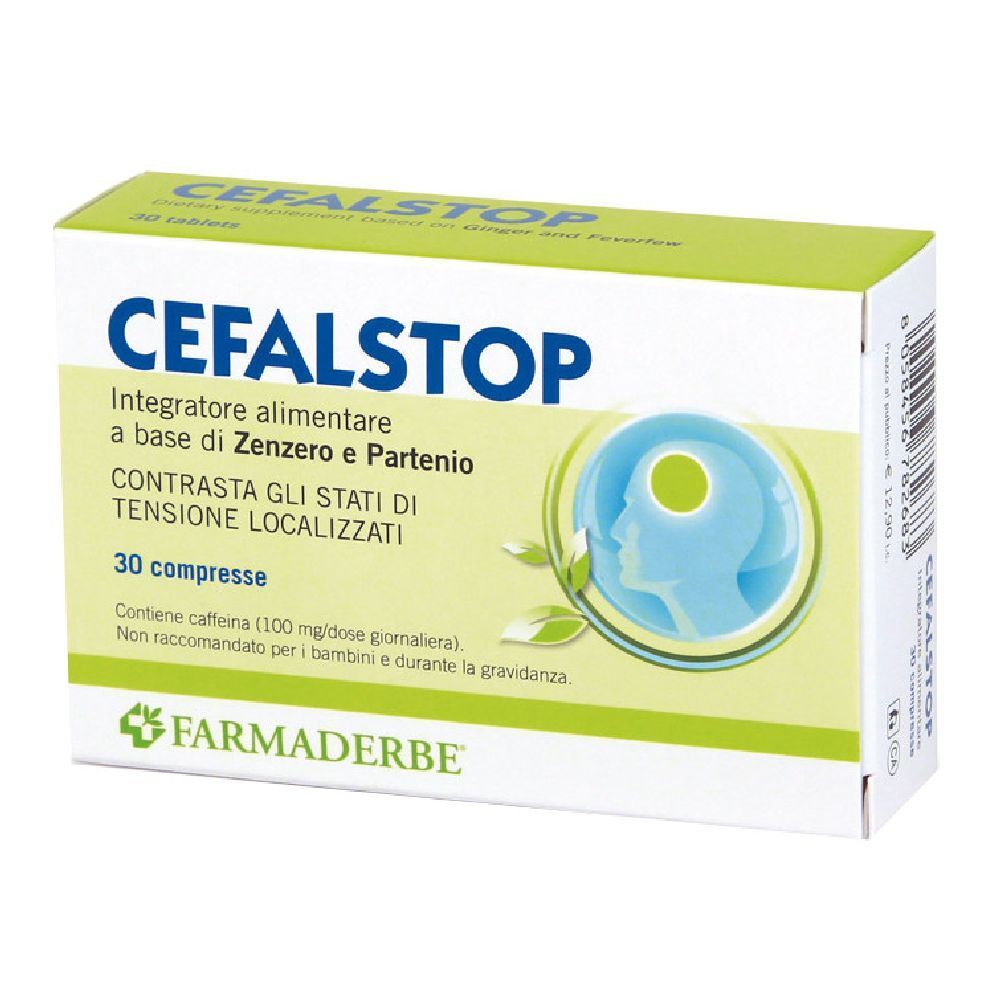 Scatola di compresse 'CEFALSTOP'. Contiene zenzero e partenio. 30 compresse. Marchio: Farmaderbe.
