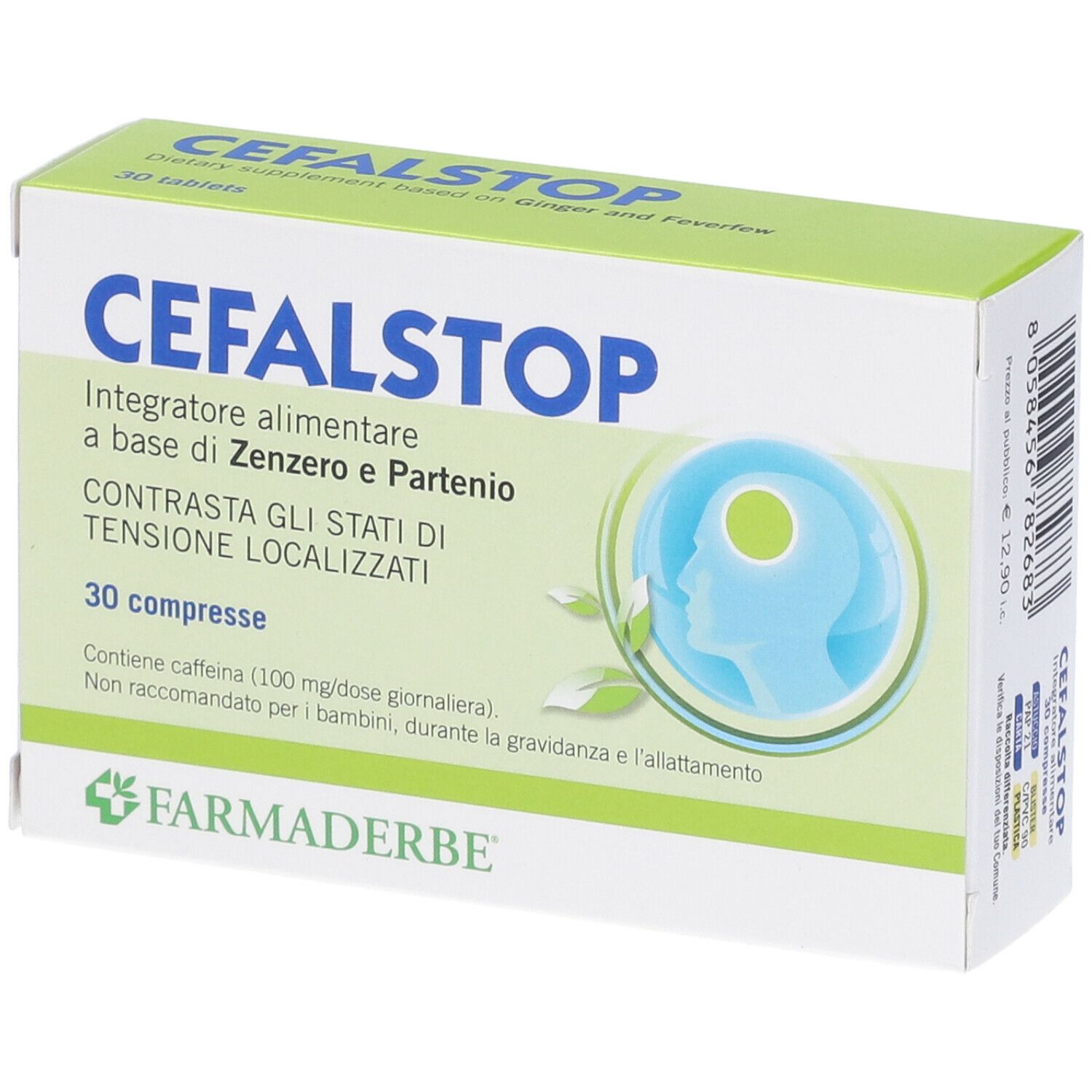 Scatola di compresse 'CEFALSTOP'. Contiene zenzero e partenio. 30 compresse. Marchio: Farmaderbe.