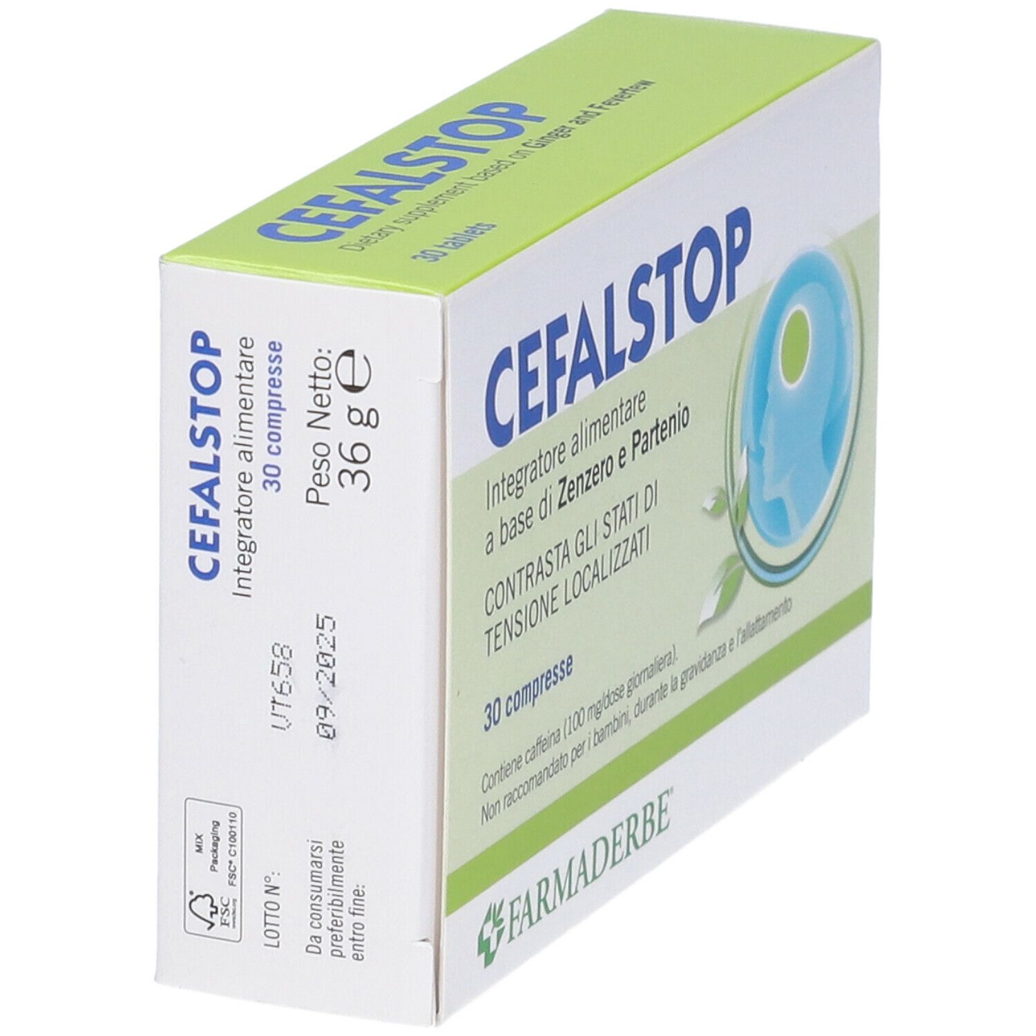 Scatola 'CEFALSTOP' con 30 compresse. Contiene zenzero e partenio. Marchio: Farmaderbe. Vista laterale.
